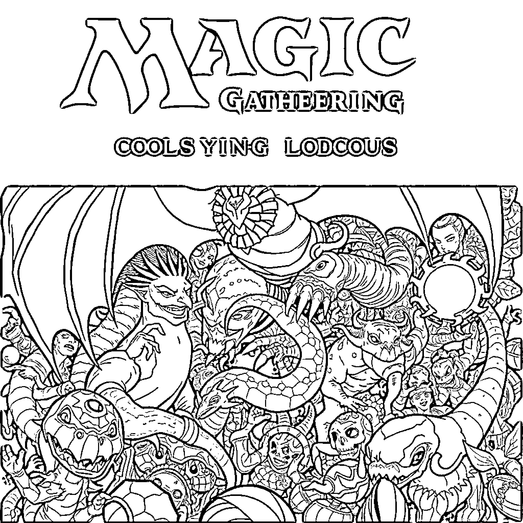 Creature scene with fantastical creatures and characters Coloring Page (free black-and-white line drawing printable PDF for all, from beginners to advanced learners, including children, teens, adults, and seniors)