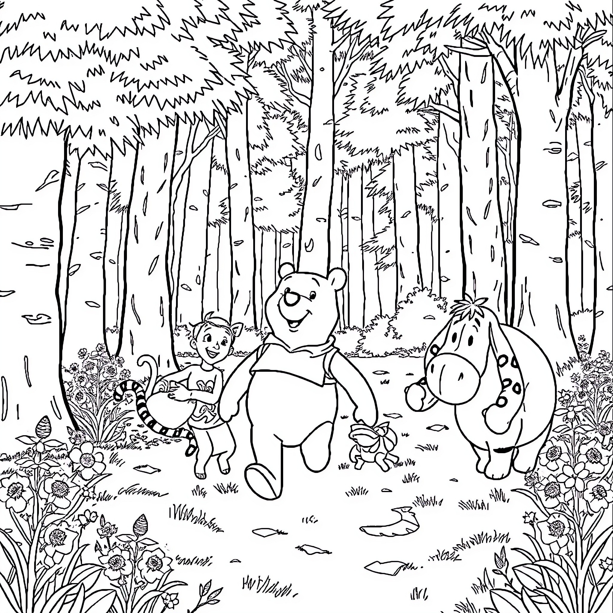 Winnie The Pooh and friends explore the forest Coloring Page (free black-and-white line drawing printable PDF for all, from beginners to advanced learners, including children, teens, adults, and seniors)
