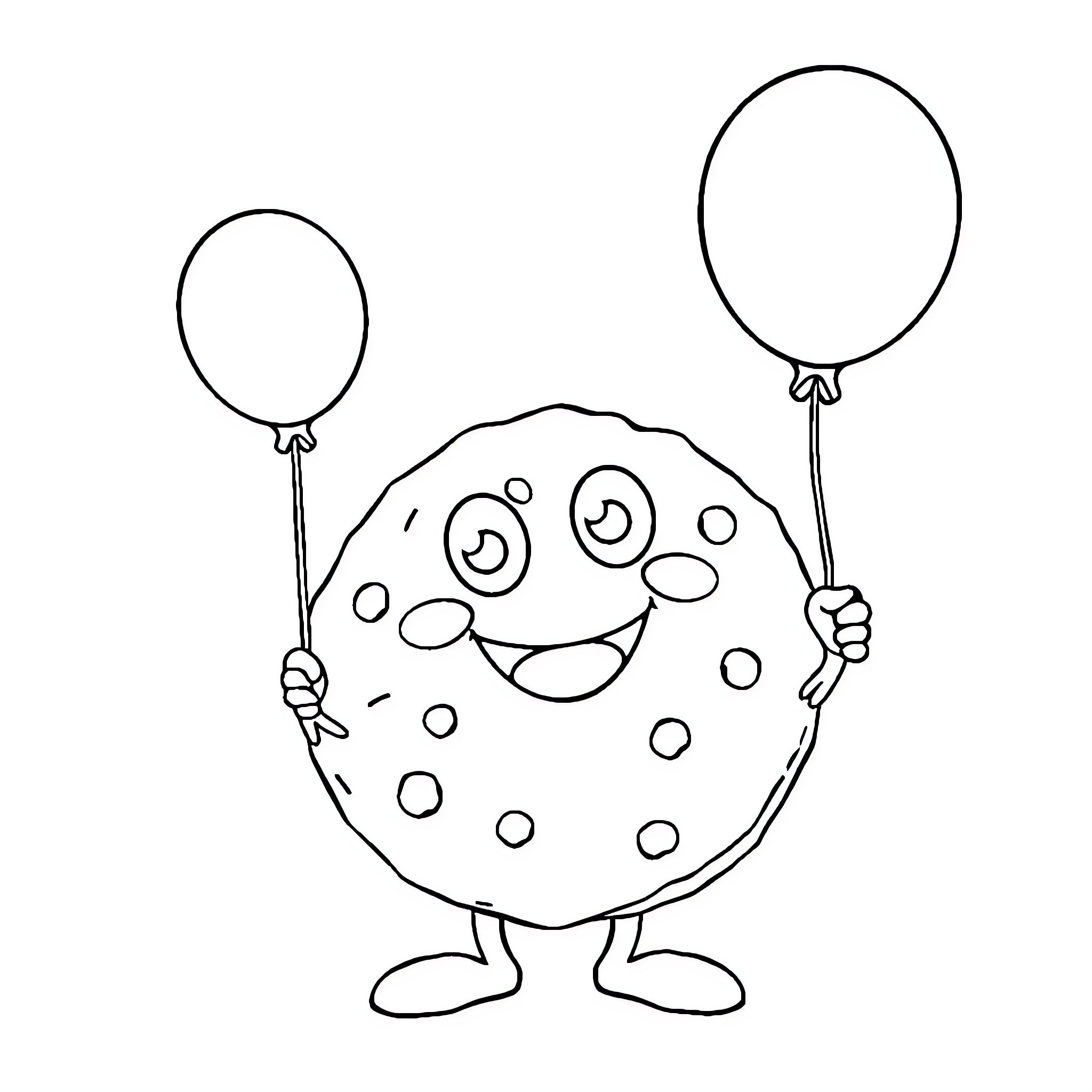 Cookie character holding balloons in the air Coloring Page (free black-and-white line drawing printable PDF for all, from beginners to advanced learners, including children, teens, adults, and seniors)