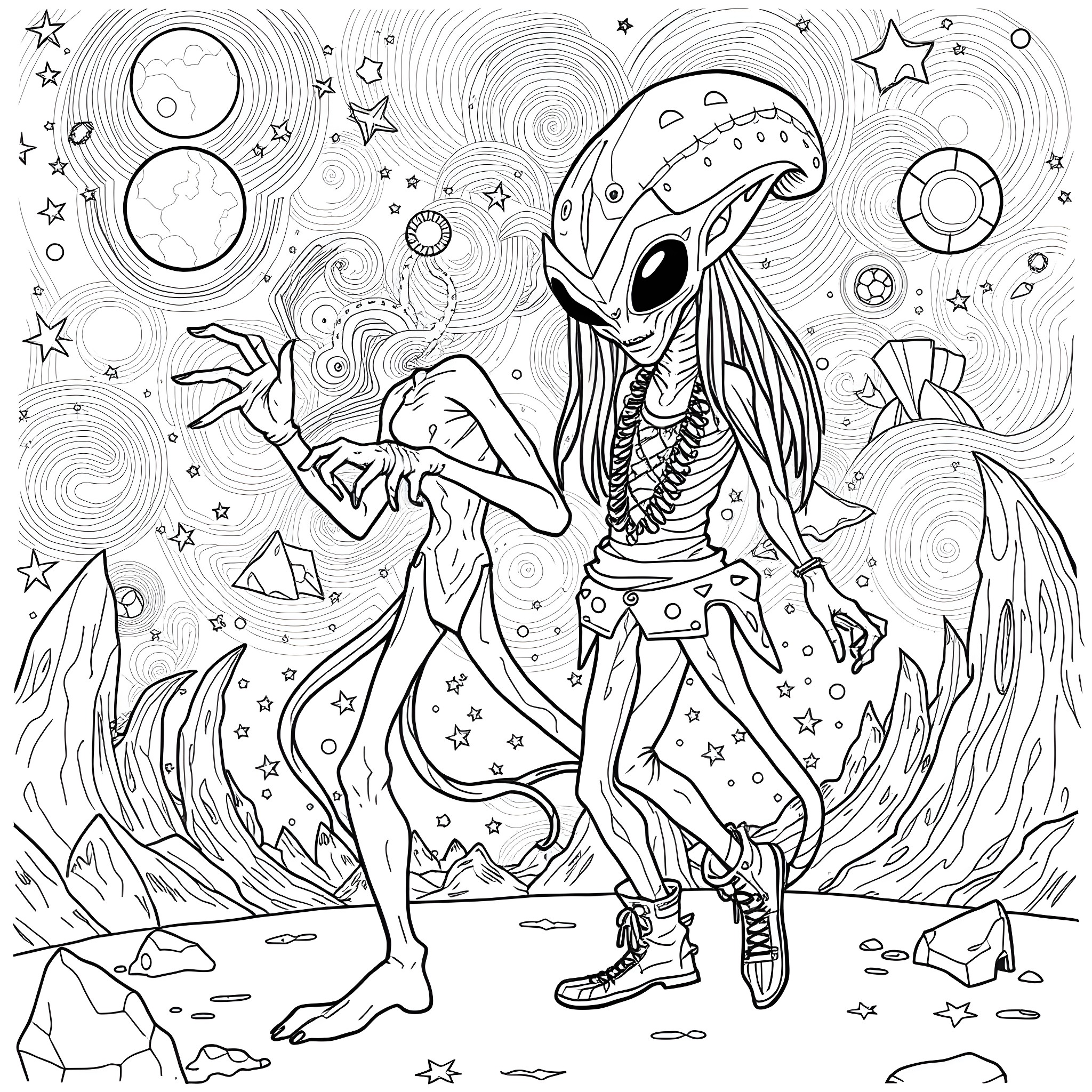 Lil Wayne's Cosmic Alien Dance Party Coloring Page (free black-and-white line drawing printable PDF for all, from beginners to advanced learners, including children, teens, adults, and seniors)