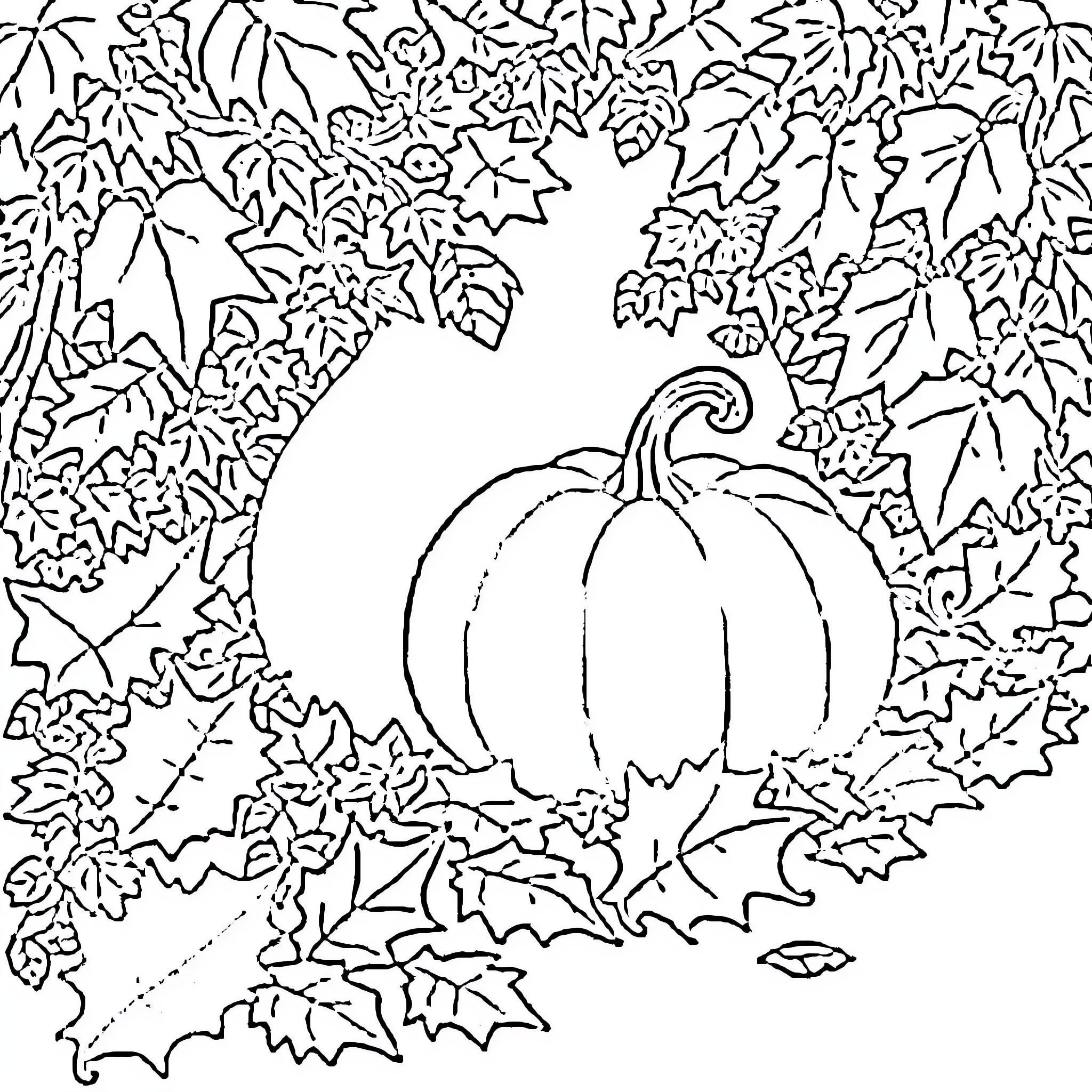 Pumpkin surrounded by autumn foliage Coloring Page (free black-and-white line drawing printable PDF for all, from beginners to advanced learners, including children, teens, adults, and seniors)