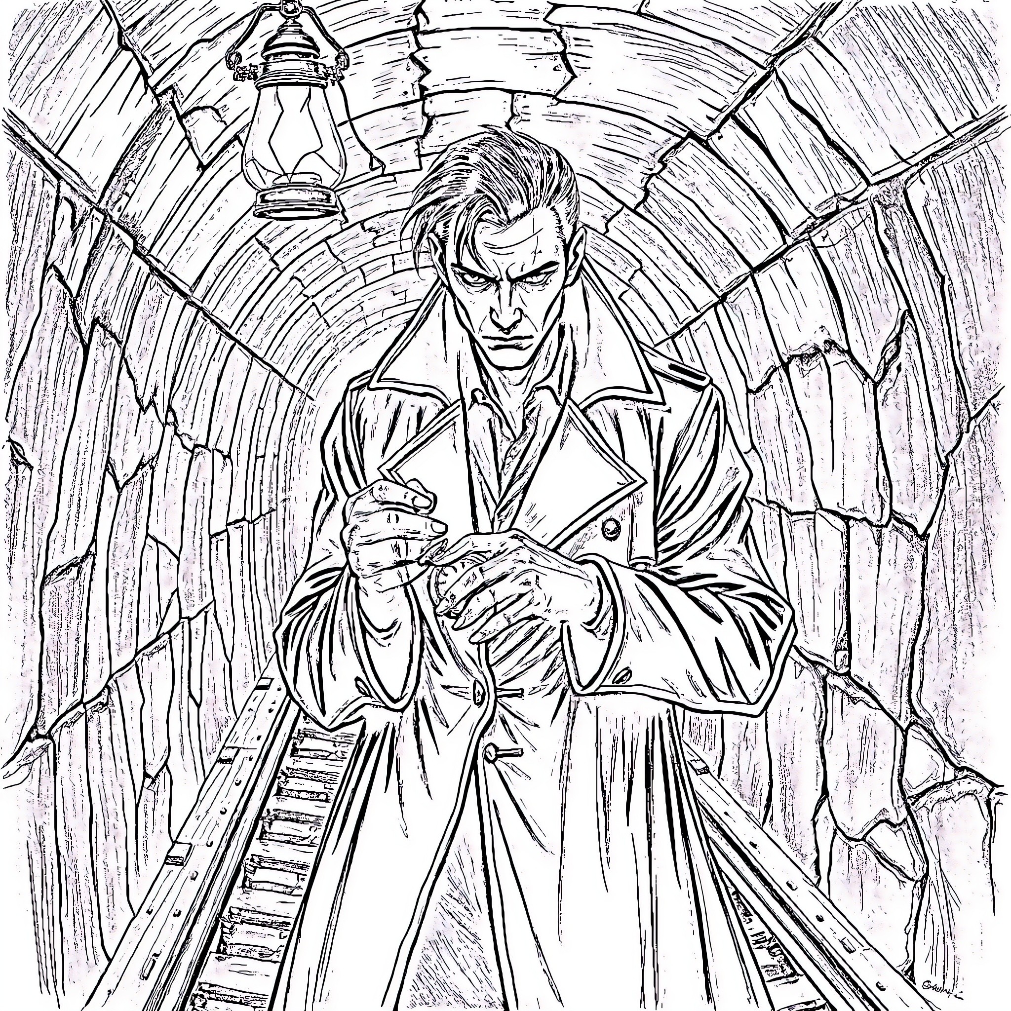 Elias Vorn traversing a mysterious underground tunnel Coloring Page (free black-and-white line drawing printable PDF for all, from beginners to advanced learners, including children, teens, adults, and seniors)