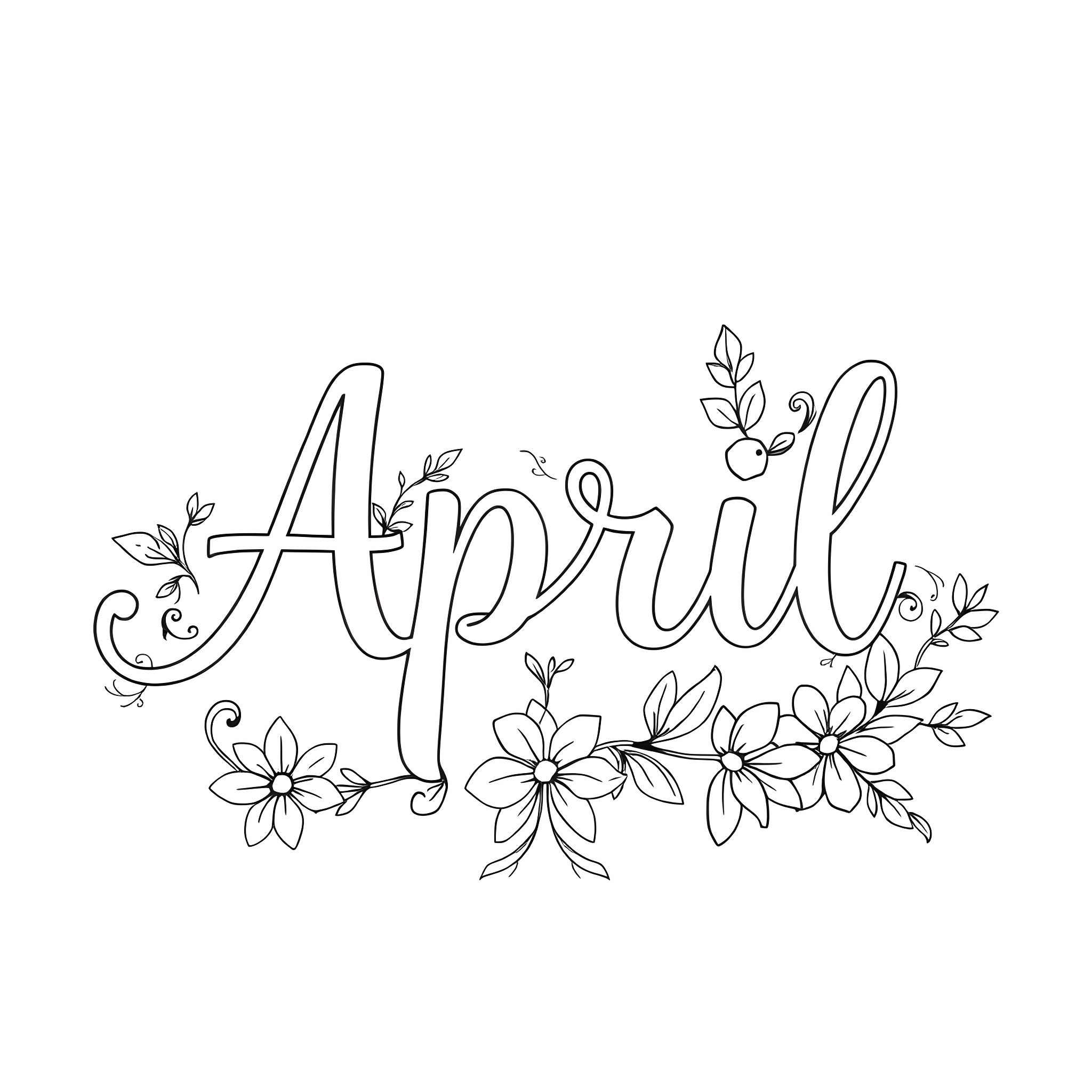 April Flowers Blooming with Leaves Coloring Page (free black-and-white line drawing printable PDF for all, from beginners to advanced learners, including children, teens, adults, and seniors)