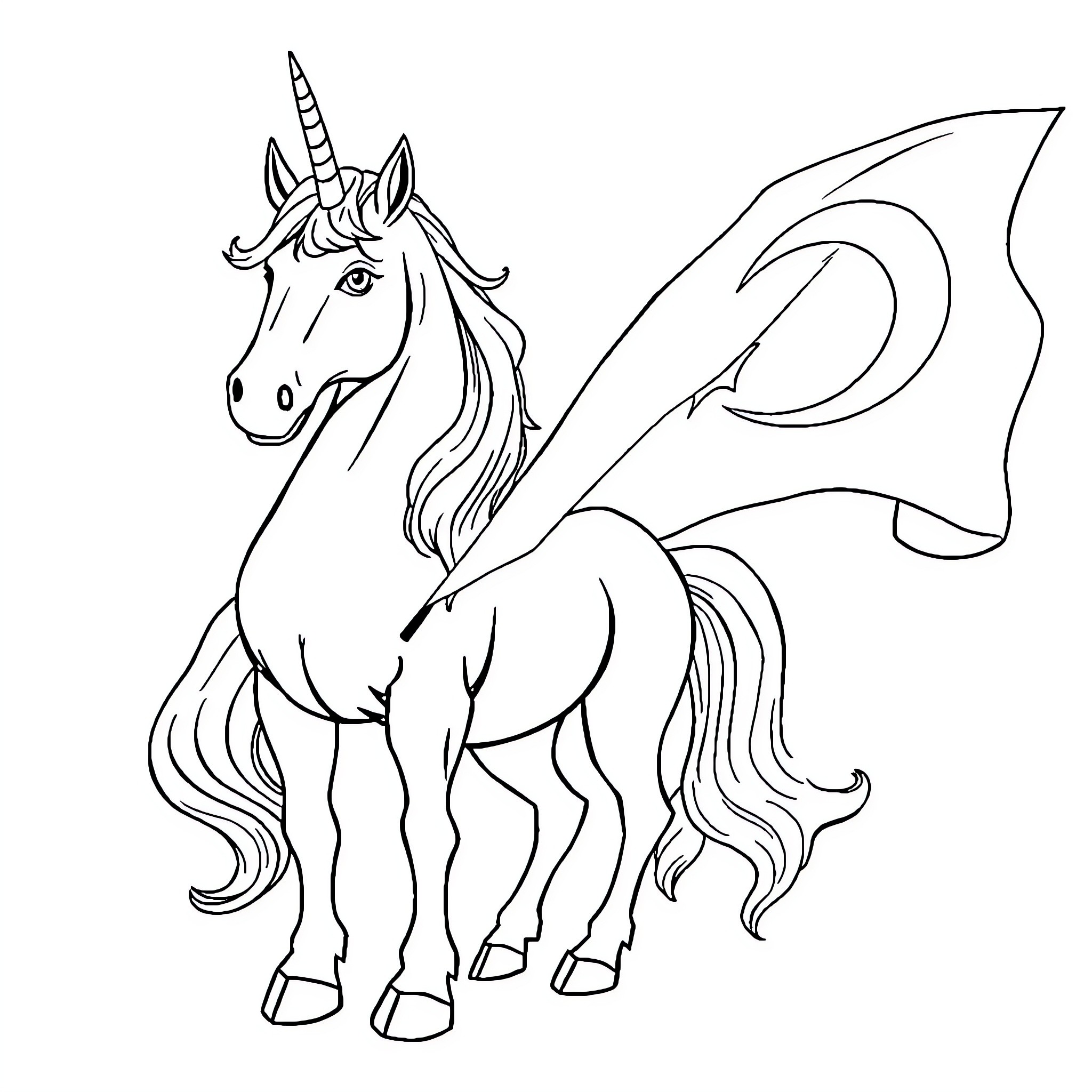 Unicorn standing proud with flowing mane Coloring Page (free black-and-white line drawing printable PDF for all, from beginners to advanced learners, including children, teens, adults, and seniors)