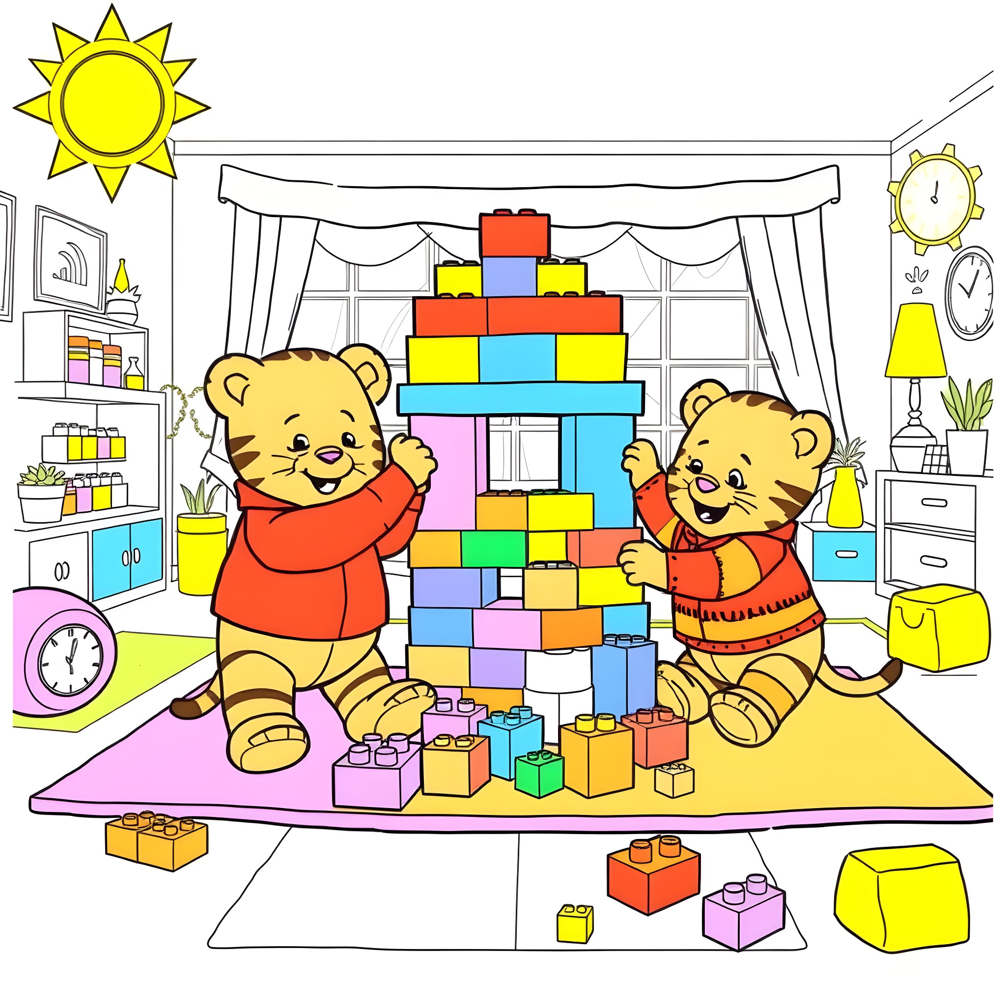 Bluey and friends building a colorful tower Coloring Page (free black-and-white line drawing printable PDF for all, from beginners to advanced learners, including children, teens, adults, and seniors)