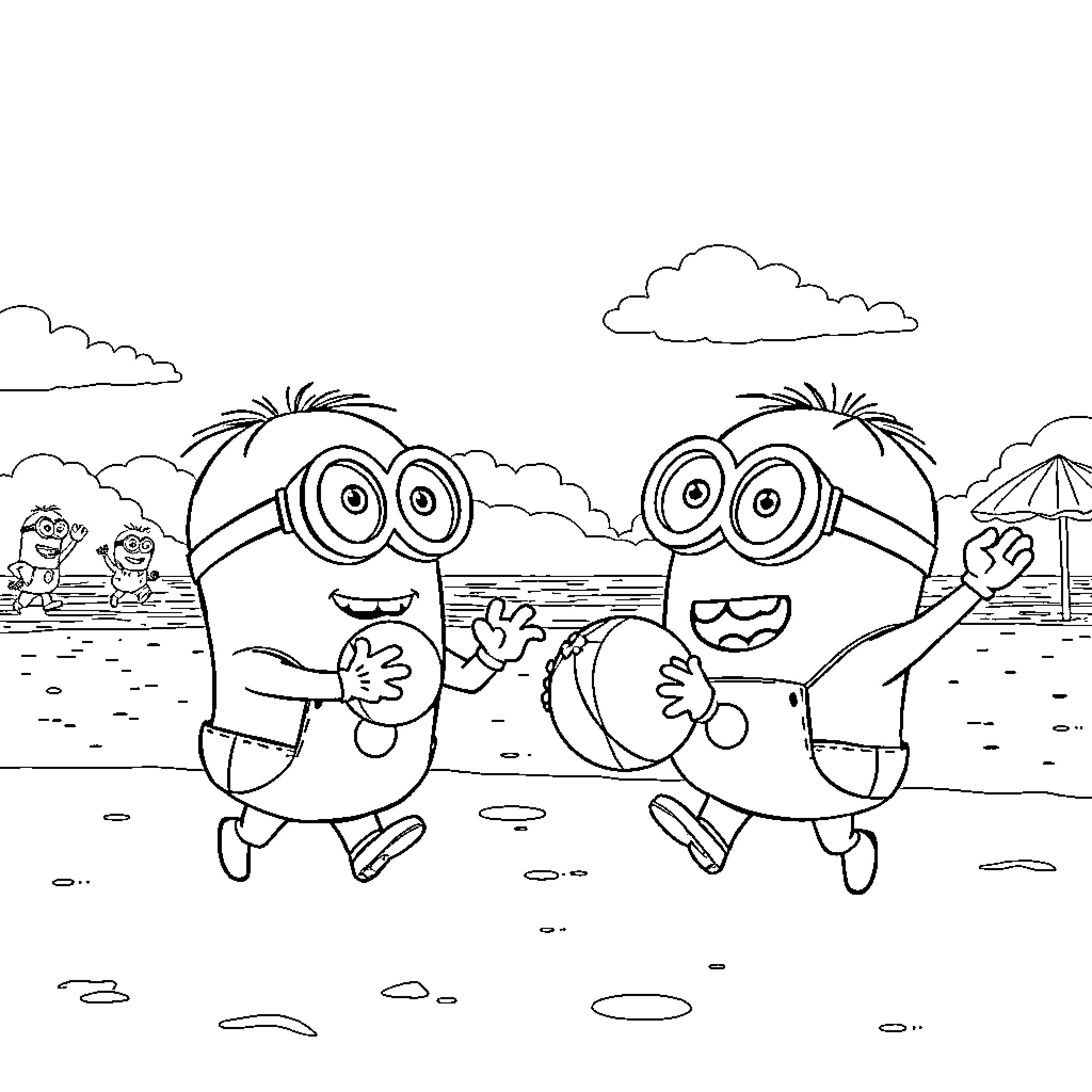Minions Playing and Goofing Around on the Beach Coloring Page (free black-and-white line drawing printable PDF for all, from beginners to advanced learners, including children, teens, adults, and seniors)