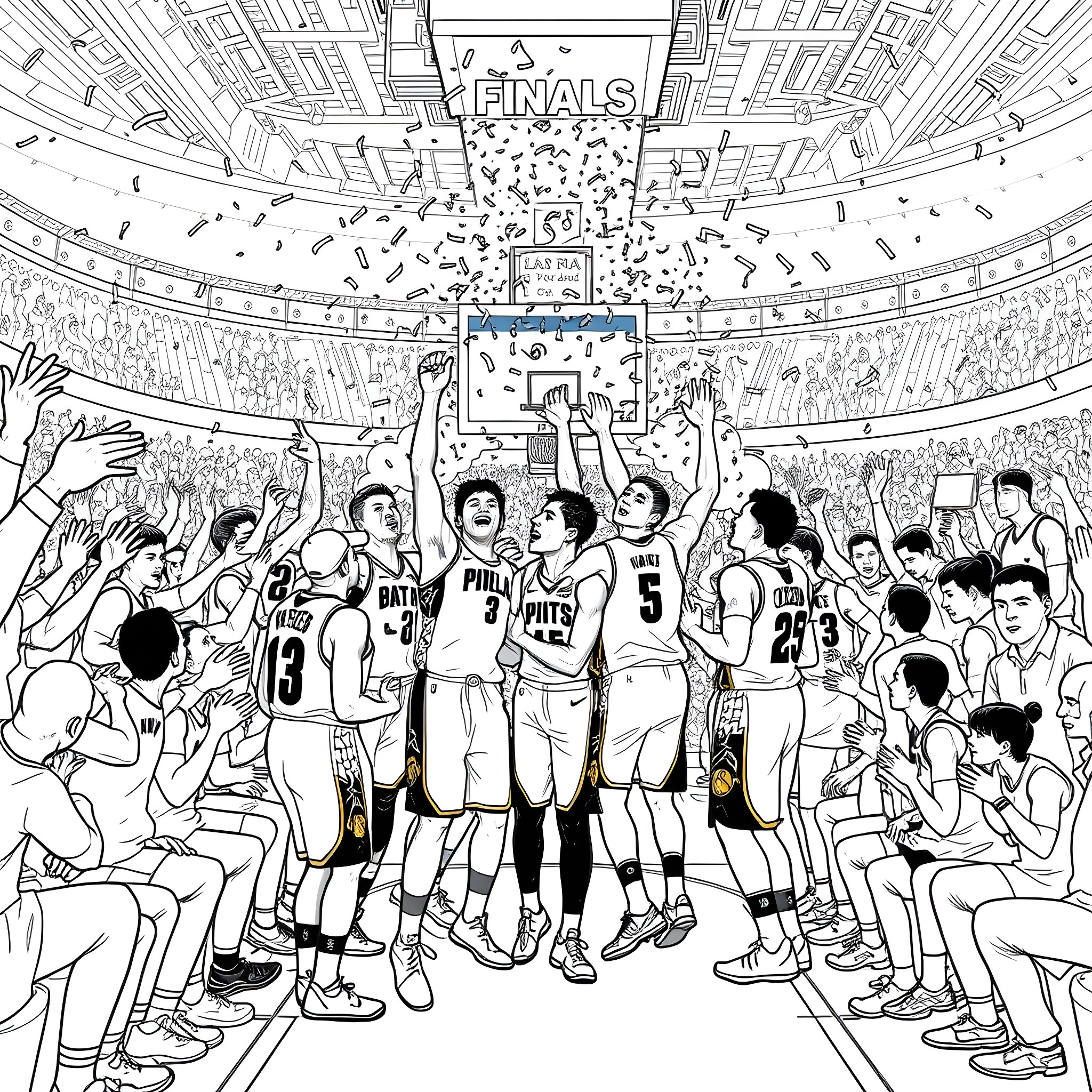Pacers Celebrate Victory in Finals Basketball Game Coloring Page (free black-and-white line drawing printable PDF for all, from beginners to advanced learners, including children, teens, adults, and seniors)