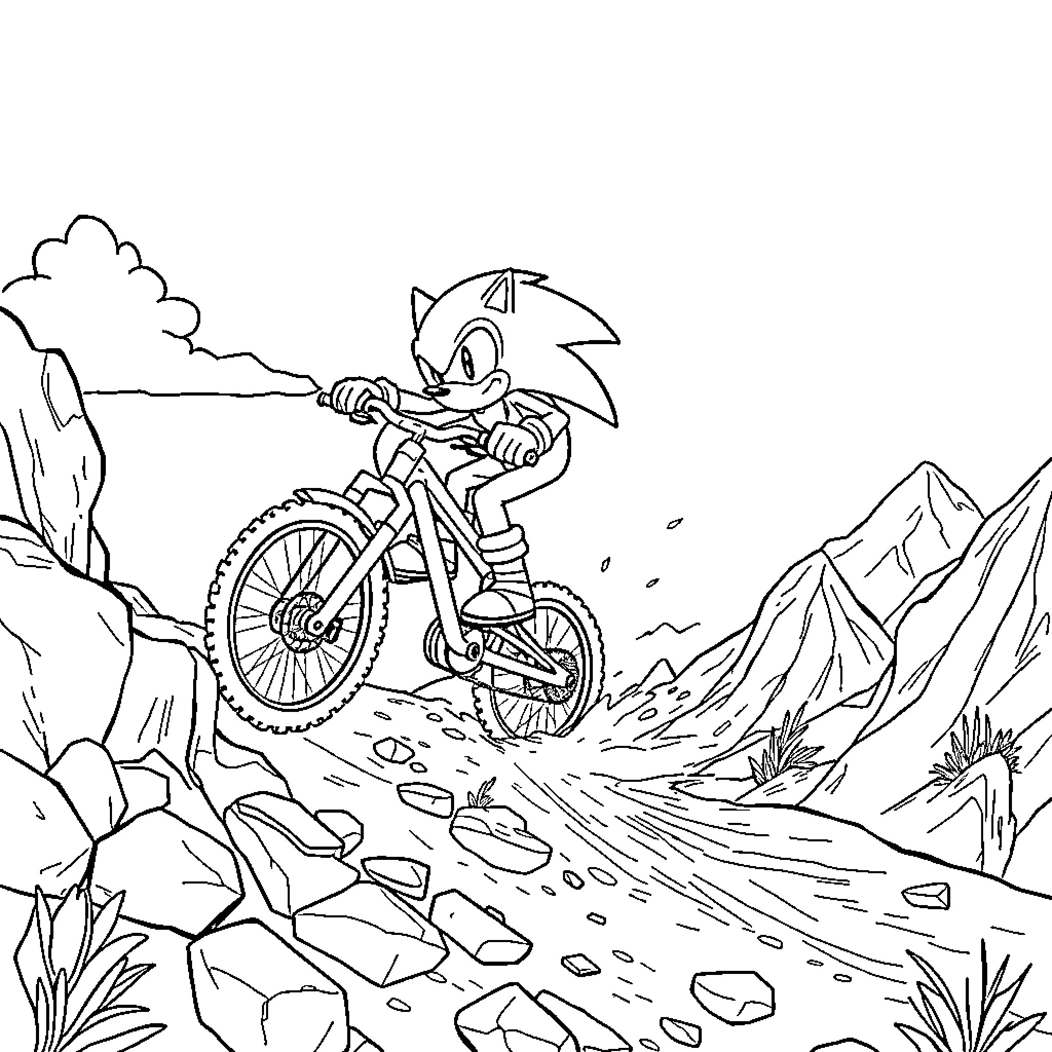 Sonic racing down a rugged mountain trail Coloring Page (free black-and-white line drawing printable PDF for all, from beginners to advanced learners, including children, teens, adults, and seniors)