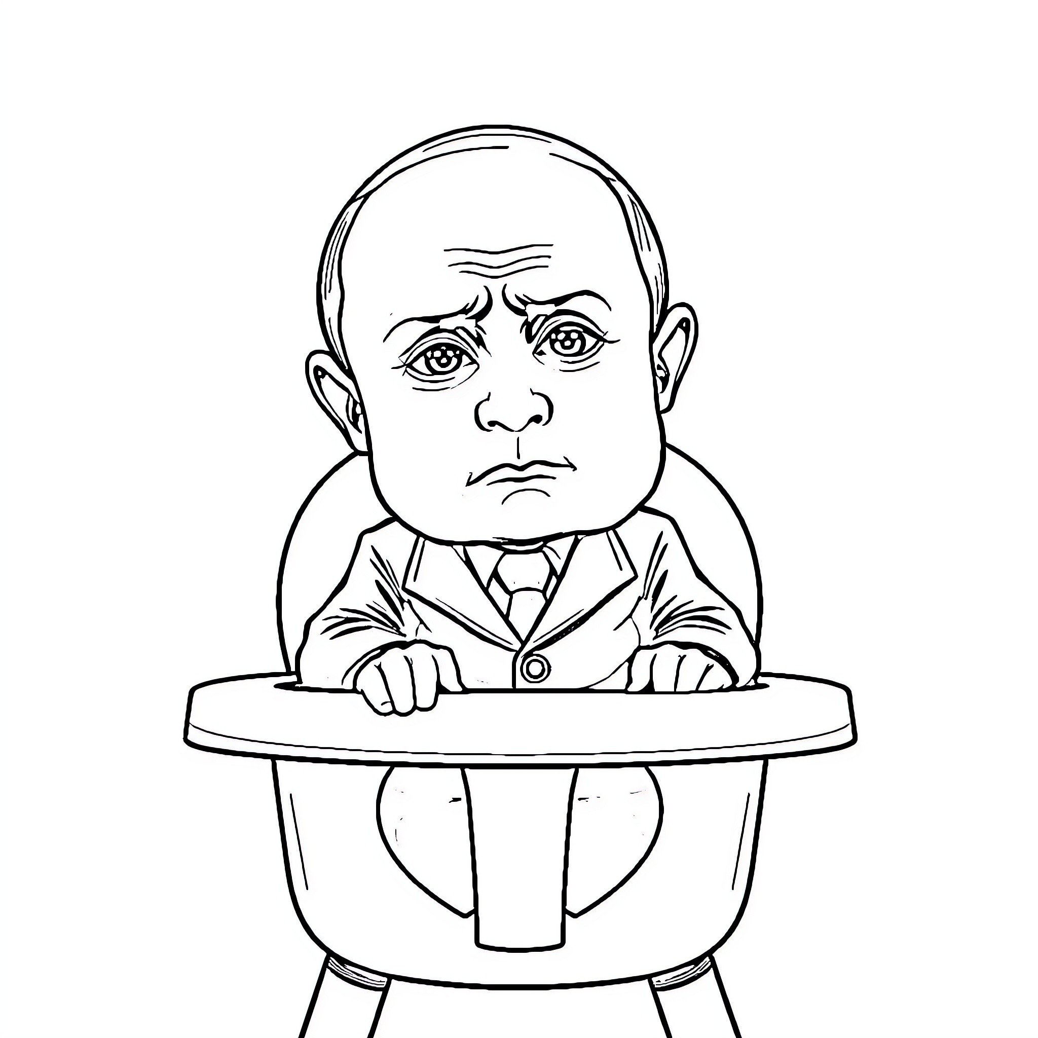 Putin in a Pensive Pose Coloring Page (free black-and-white line drawing printable PDF for all, from beginners to advanced learners, including children, teens, adults, and seniors)