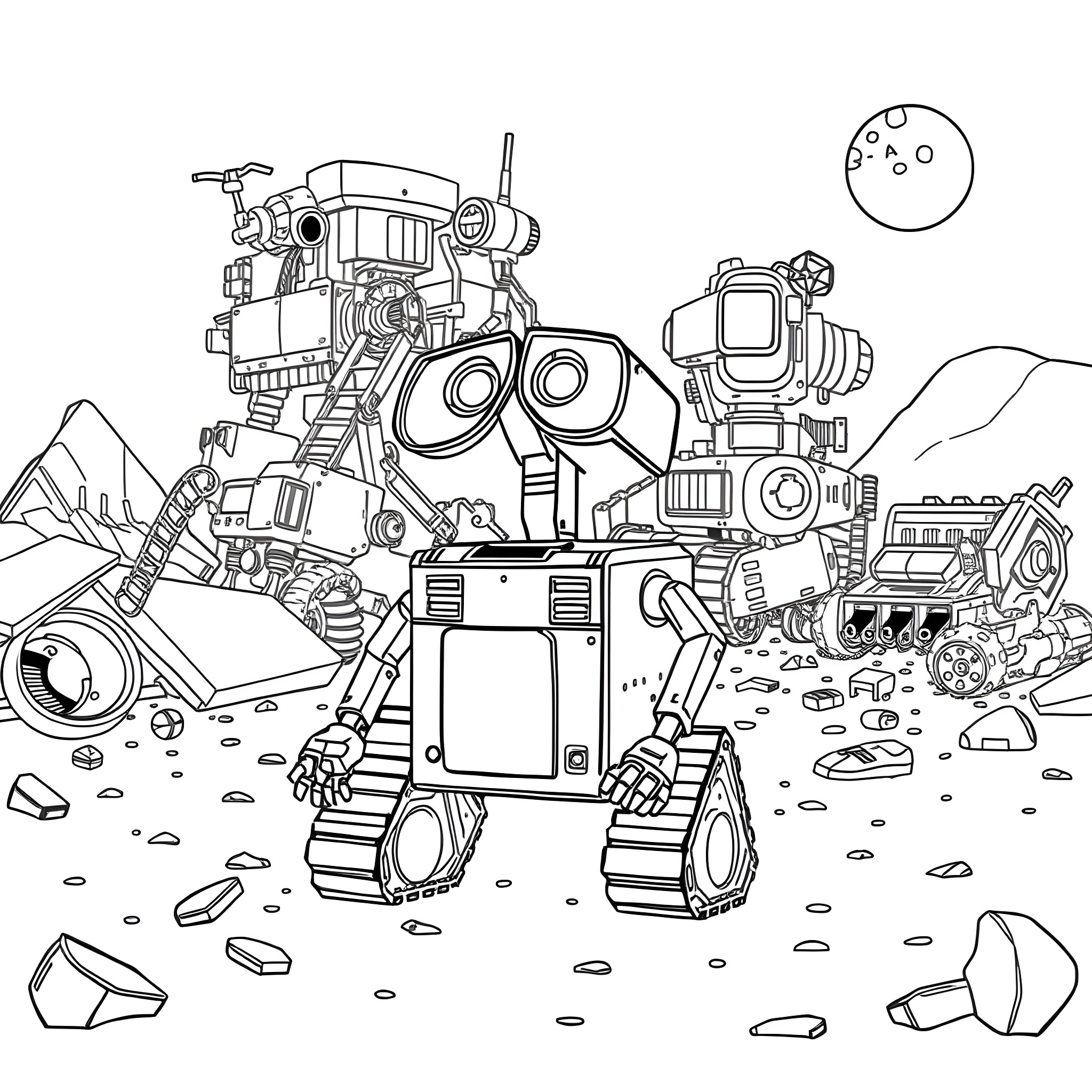 Wall-E exploring the desolate alien landscape Coloring Page (free black-and-white line drawing printable PDF for all, from beginners to advanced learners, including children, teens, adults, and seniors)