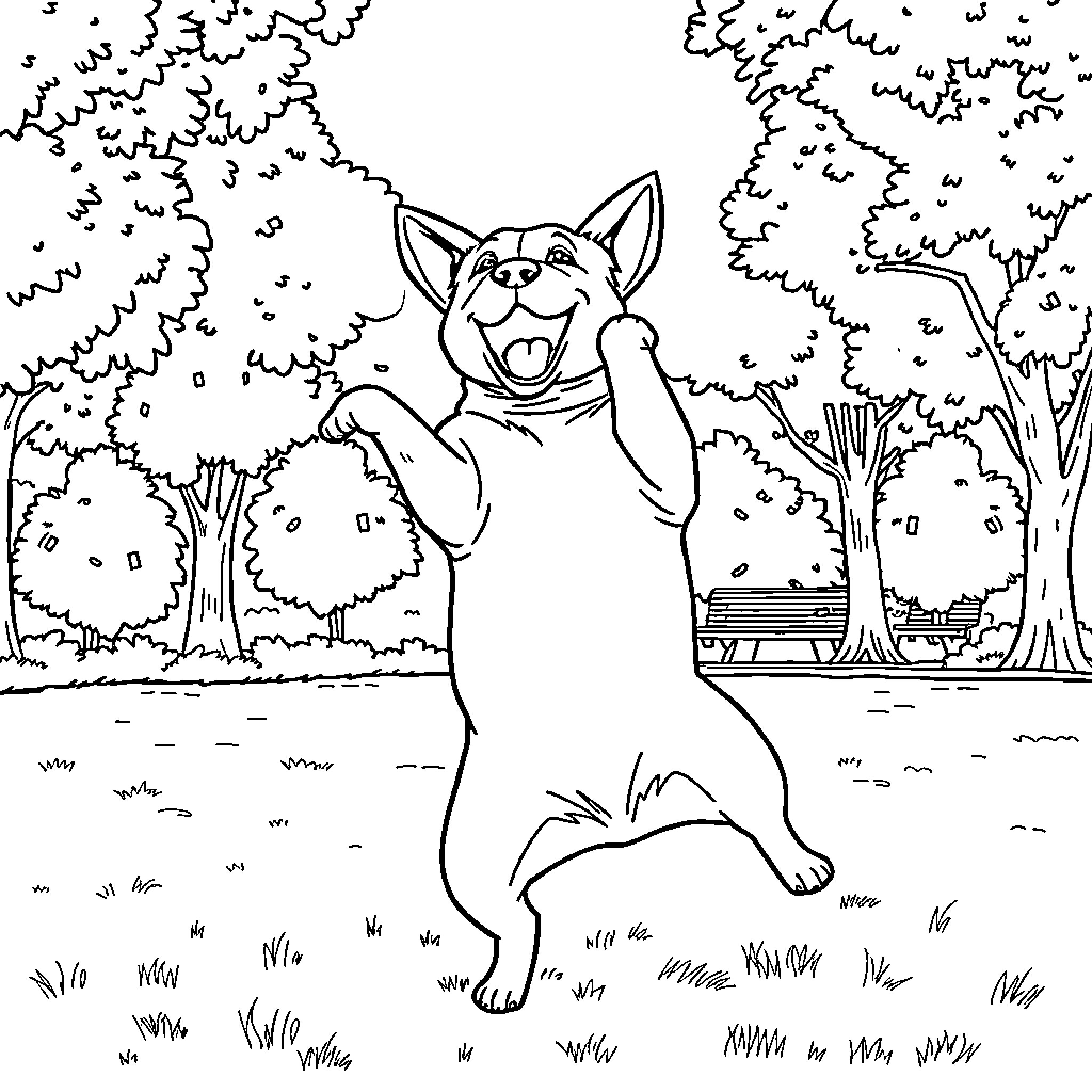 Dog joyfully playing in the park Coloring Page (free black-and-white line drawing printable PDF for all, from beginners to advanced learners, including children, teens, adults, and seniors)