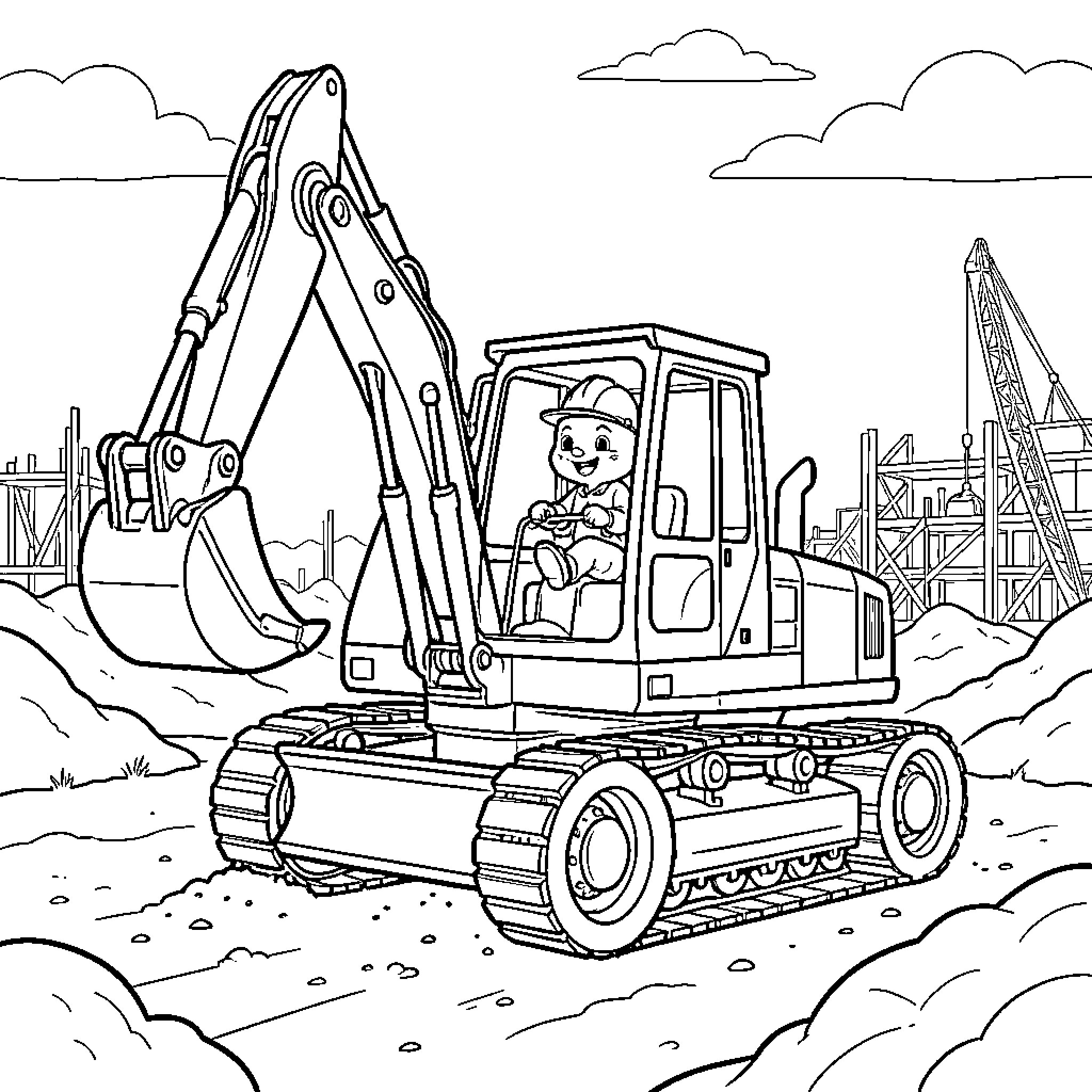 Tchoupie operating a large excavator at a construction site Coloring Page (free black-and-white line drawing printable PDF for all, from beginners to advanced learners, including children, teens, adults, and seniors)