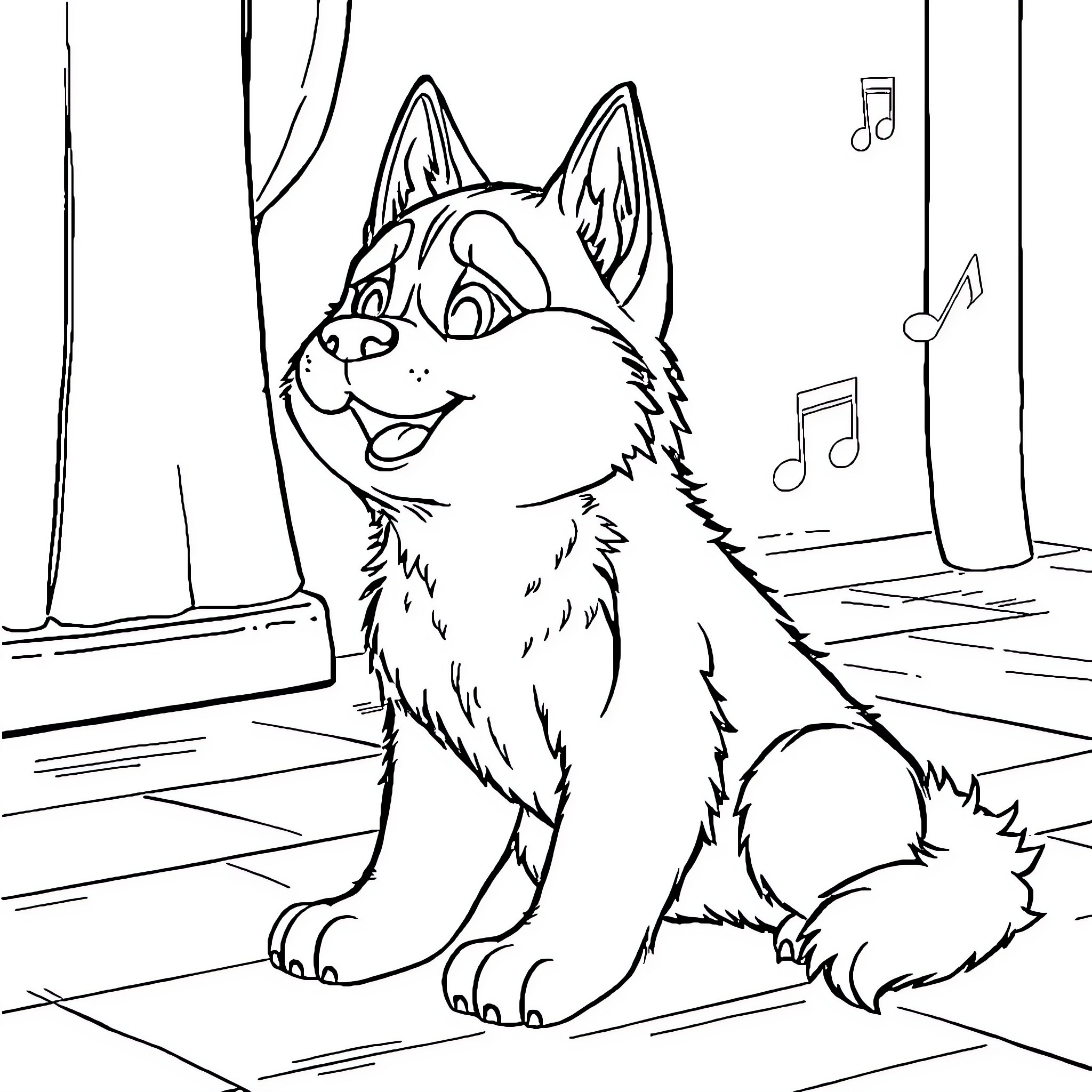 Husky dog happily sitting in front of window Coloring Page (free black-and-white line drawing printable PDF for all, from beginners to advanced learners, including children, teens, adults, and seniors)