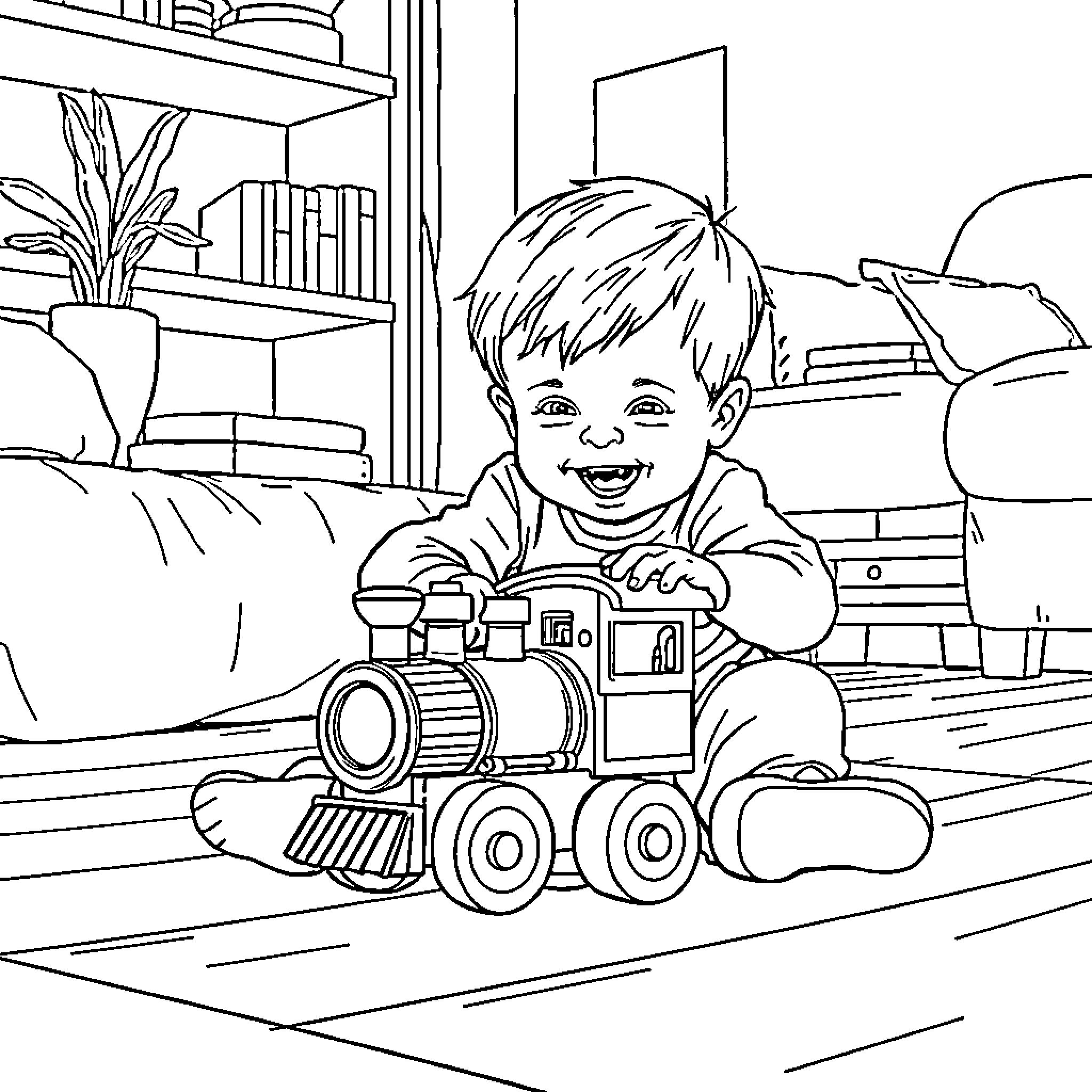 Child playing with toy train in room Coloring Page (free black-and-white line drawing printable PDF for all, from beginners to advanced learners, including children, teens, adults, and seniors)
