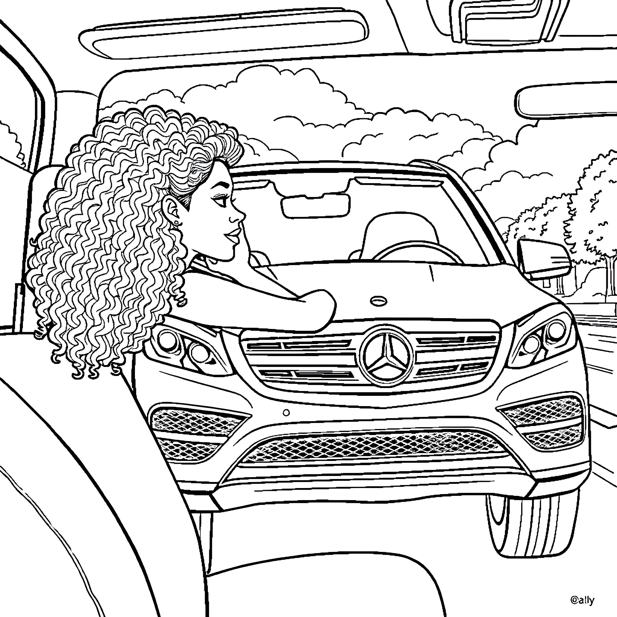 Girl driving luxurious car through scenic landscape Coloring Page (free black-and-white line drawing printable PDF for all, from beginners to advanced learners, including children, teens, adults, and seniors)