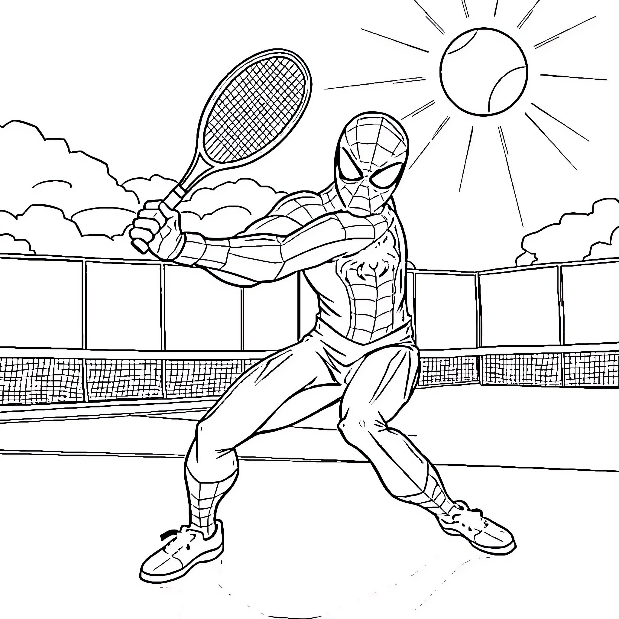 Spiderman playing tennis on a sunny day Coloring Page (free black-and-white line drawing printable PDF for all, from beginners to advanced learners, including children, teens, adults, and seniors)