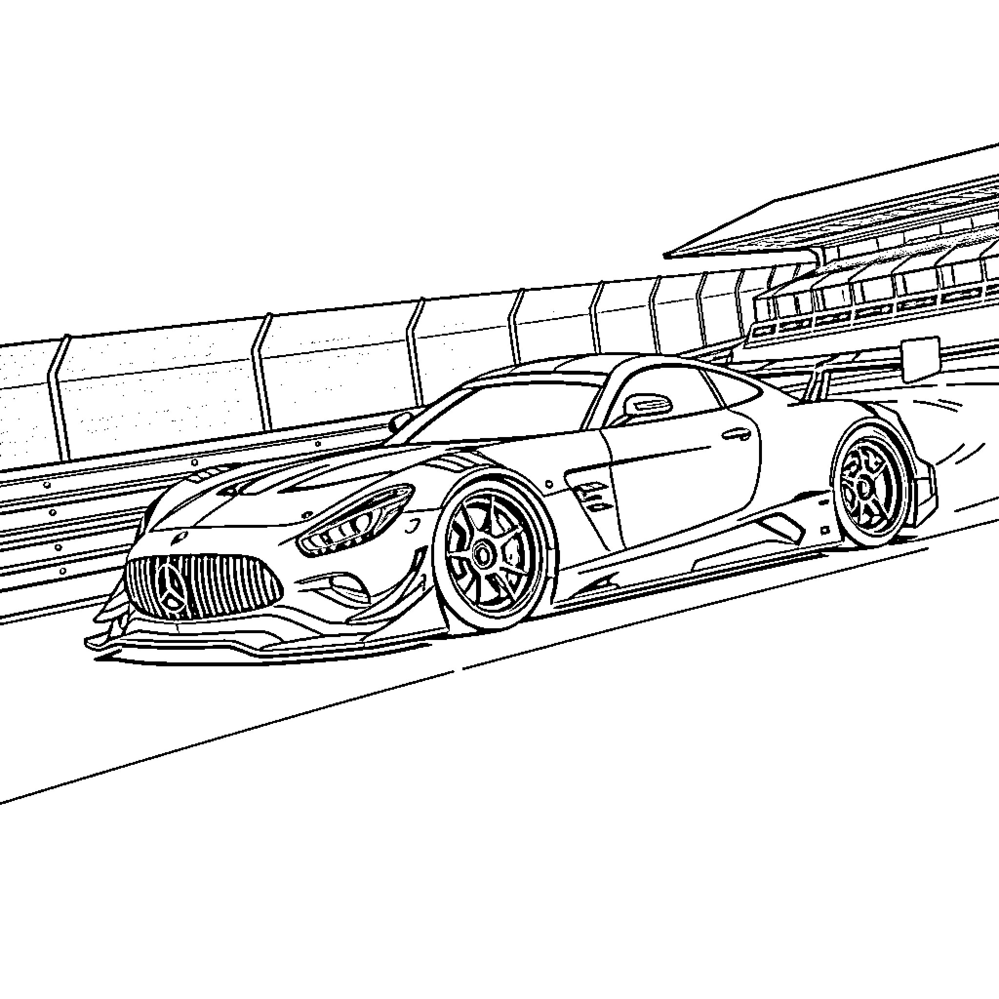 AMG ONE racing on the track Coloring Page (free black-and-white line drawing printable PDF for all, from beginners to advanced learners, including children, teens, adults, and seniors)