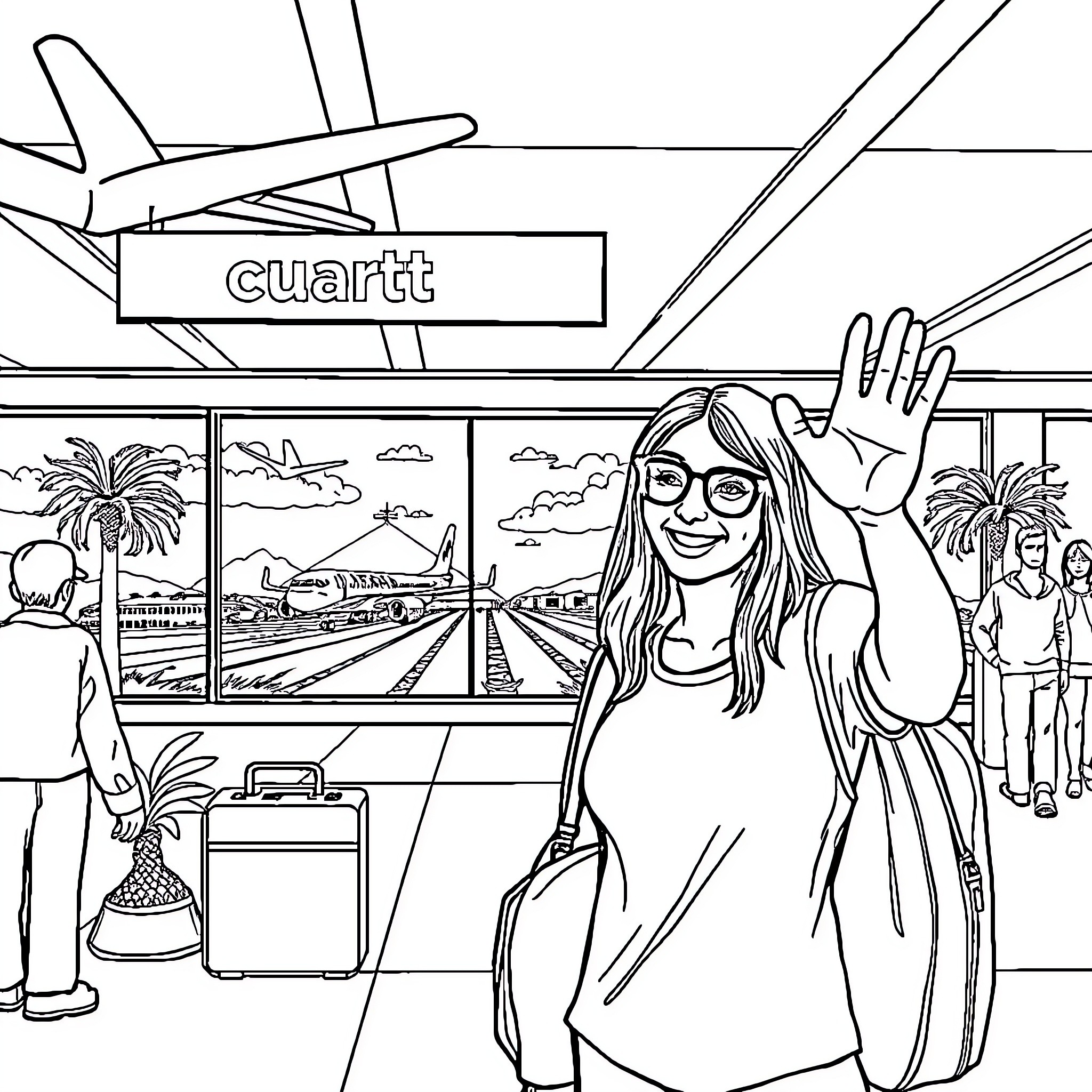 Person waiting at airport terminal with luggage Coloring Page (free black-and-white line drawing printable PDF for all, from beginners to advanced learners, including children, teens, adults, and seniors)