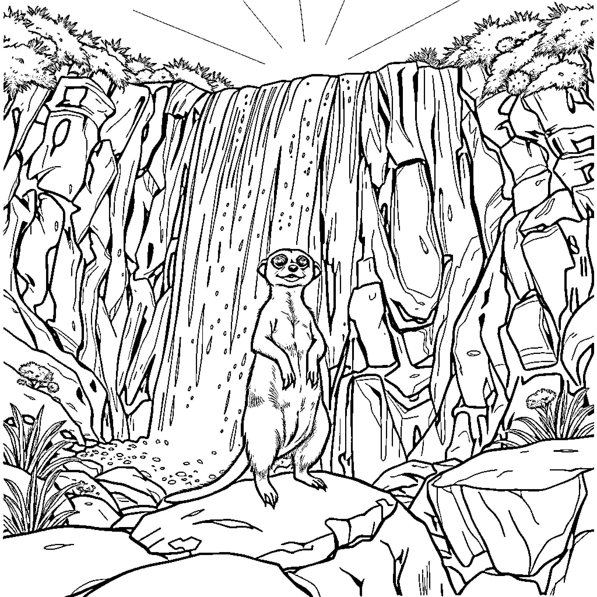 Meerkat observing the majestic waterfall in the wilderness Coloring Page (free black-and-white line drawing printable PDF for all, from beginners to advanced learners, including children, teens, adults, and seniors)