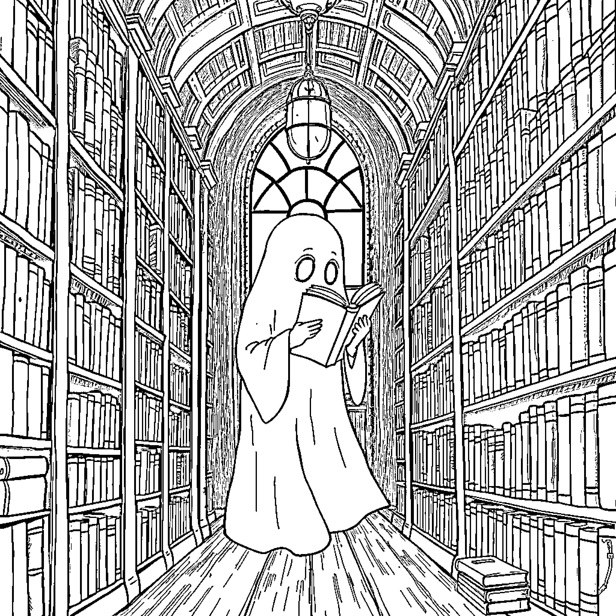Ghost reading silently in the library Coloring Page (free black-and-white line drawing printable PDF for all, from beginners to advanced learners, including children, teens, adults, and seniors)