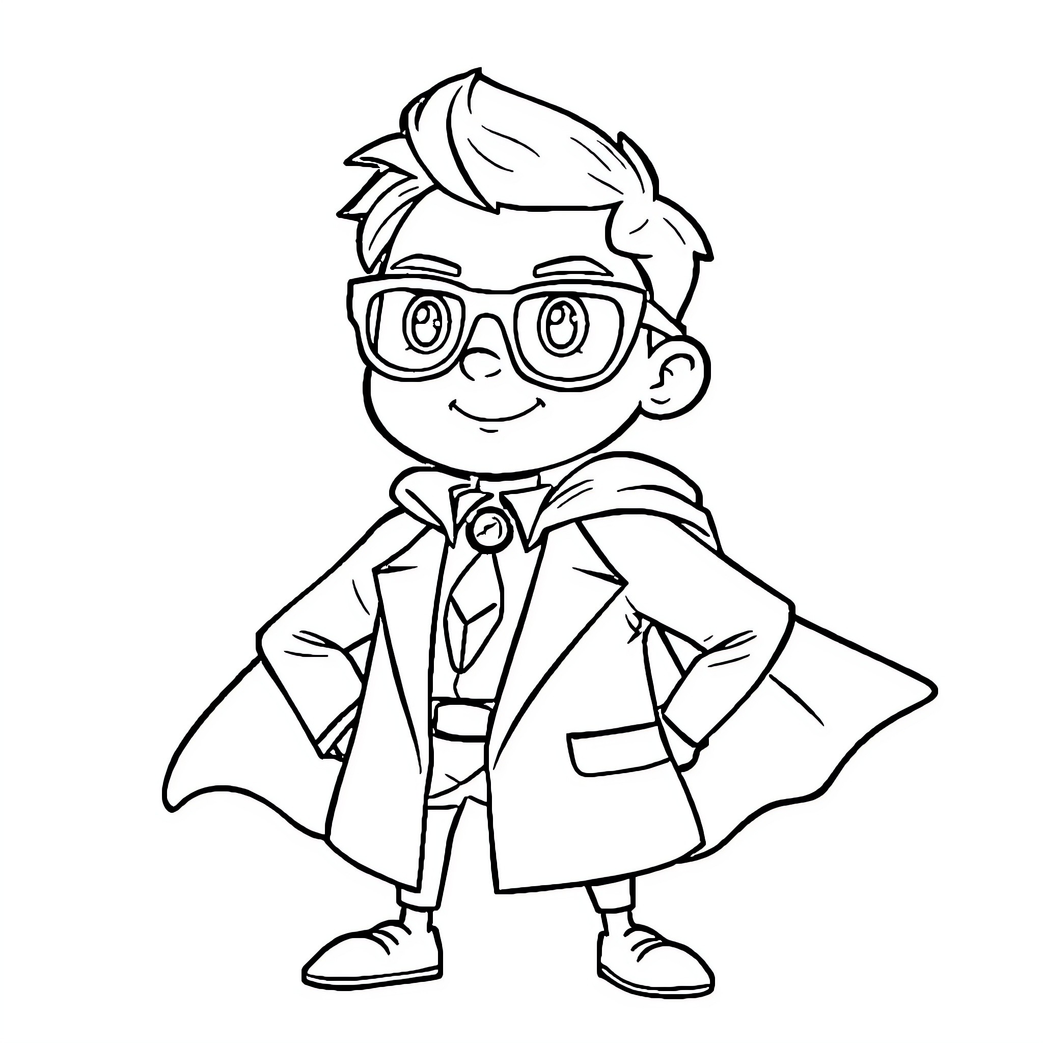 Superhero Kid in Formal Outfit and Glasses Coloring Page (free black-and-white line drawing printable PDF for all, from beginners to advanced learners, including children, teens, adults, and seniors)