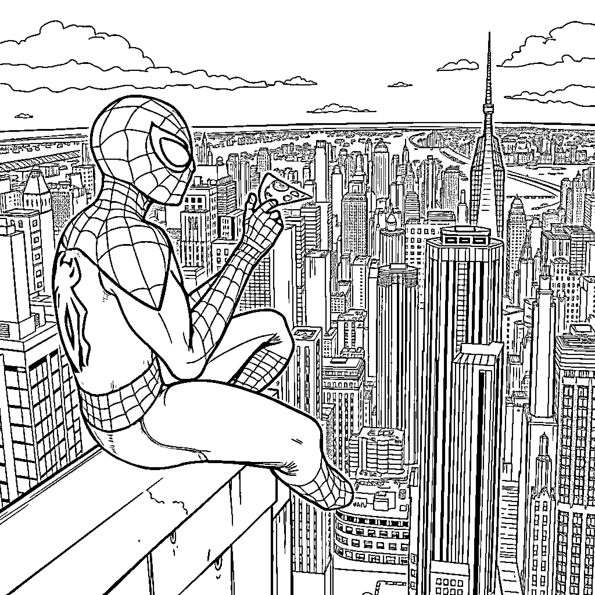 Spiderman overlooking the bustling city skyline Coloring Page (free black-and-white line drawing printable PDF for all, from beginners to advanced learners, including children, teens, adults, and seniors)