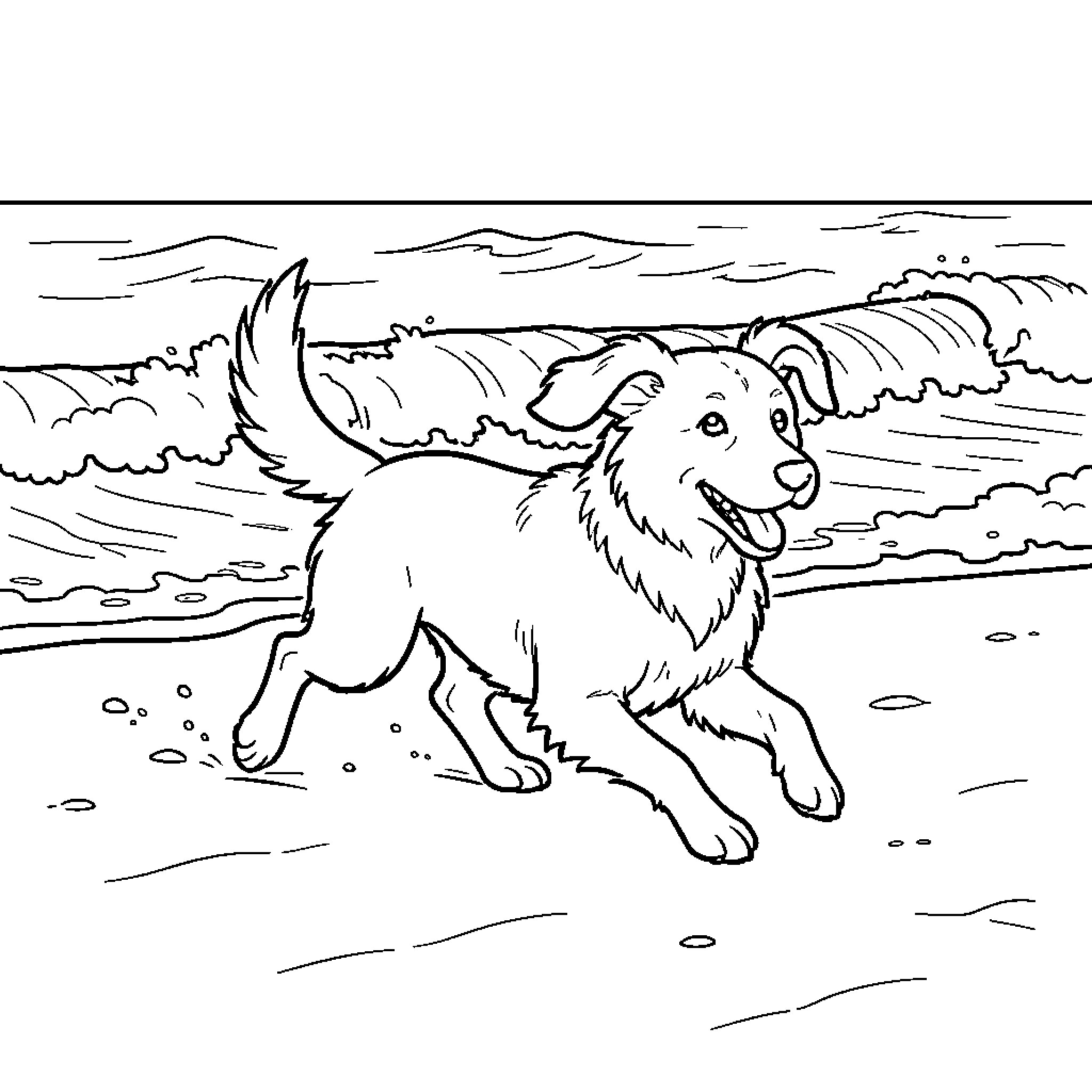 Dog running joyfully along the sandy beach Coloring Page (free black-and-white line drawing printable PDF for all, from beginners to advanced learners, including children, teens, adults, and seniors)