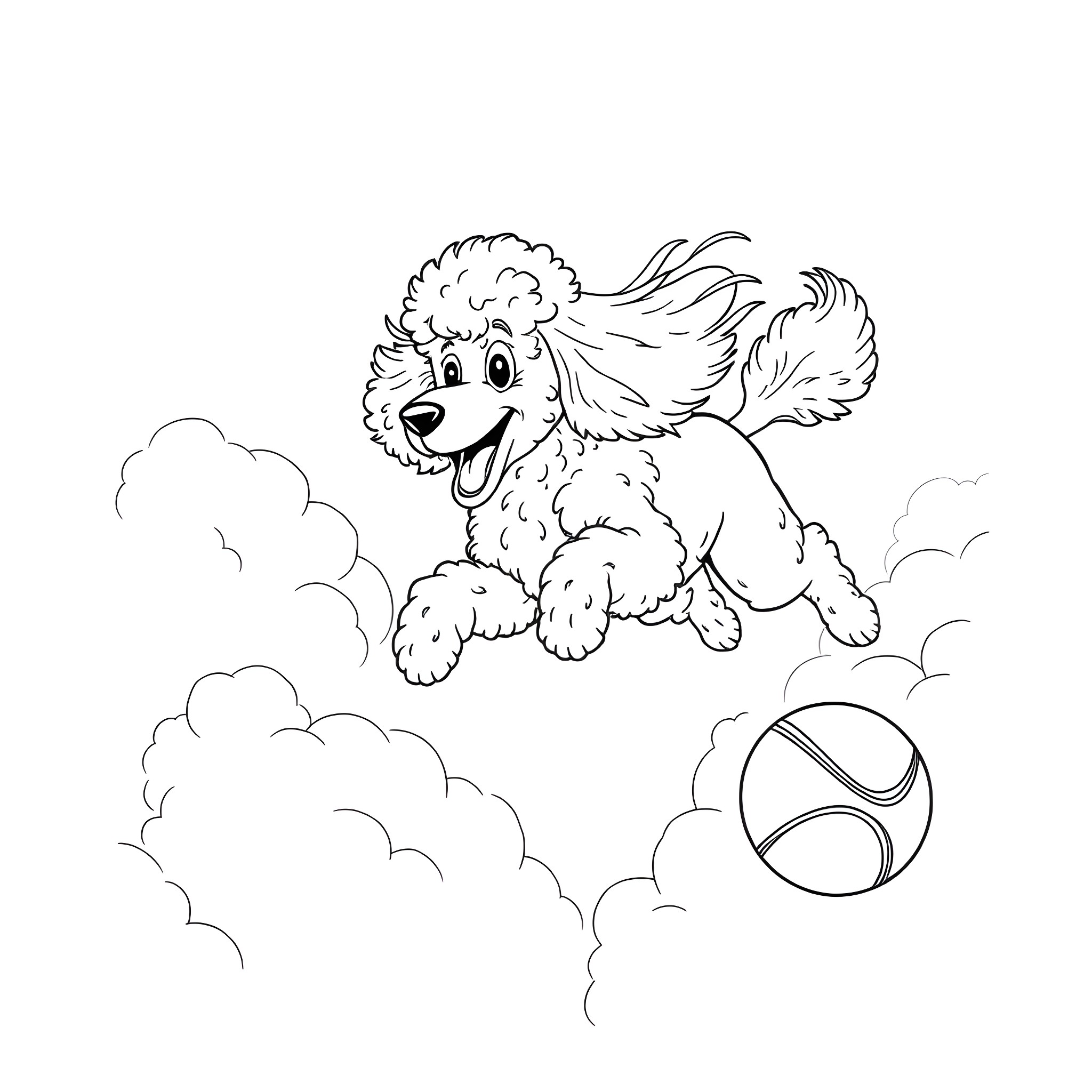 Poodle jumping happily with tennis ball Coloring Page (free black-and-white line drawing printable PDF for all, from beginners to advanced learners, including children, teens, adults, and seniors)