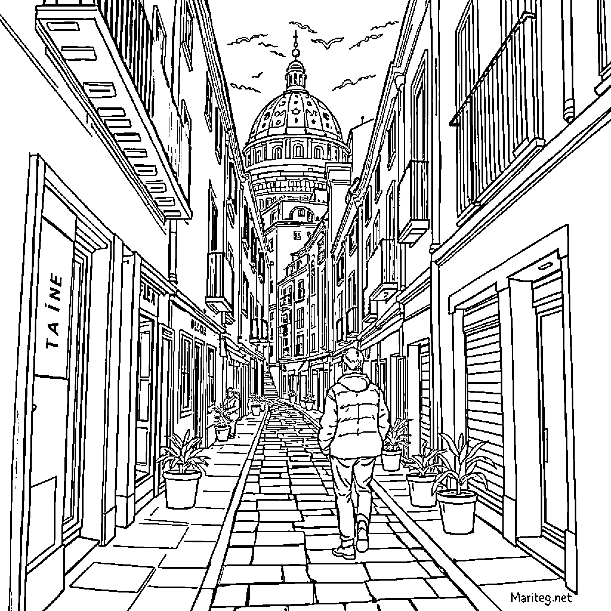 Martian Exploring Bustling Urban Cityscape Coloring Page (free black-and-white line drawing printable PDF for all, from beginners to advanced learners, including children, teens, adults, and seniors)