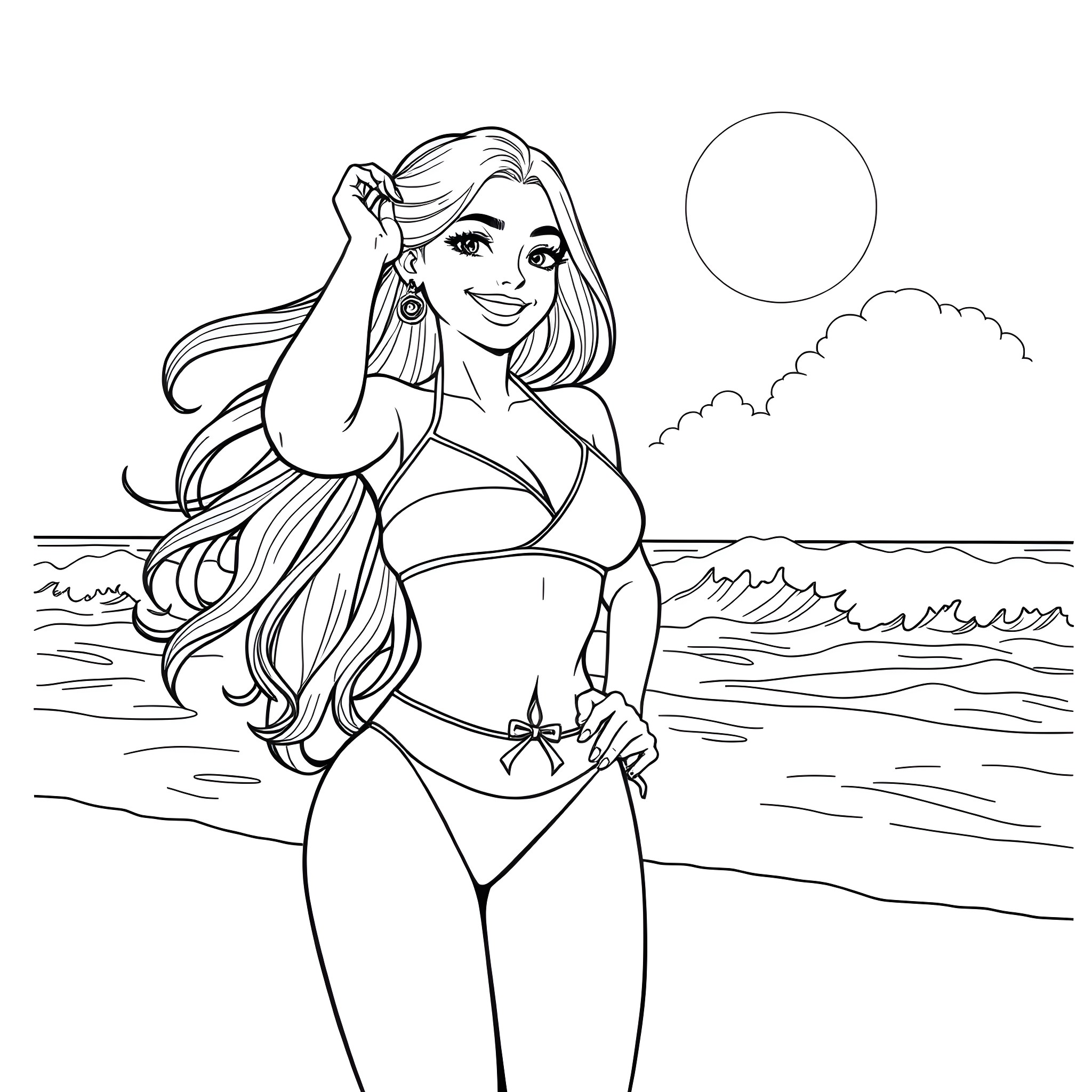 Ouro Kronii enjoying a sunny day at the beach Coloring Page (free black-and-white line drawing printable PDF for all, from beginners to advanced learners, including children, teens, adults, and seniors)