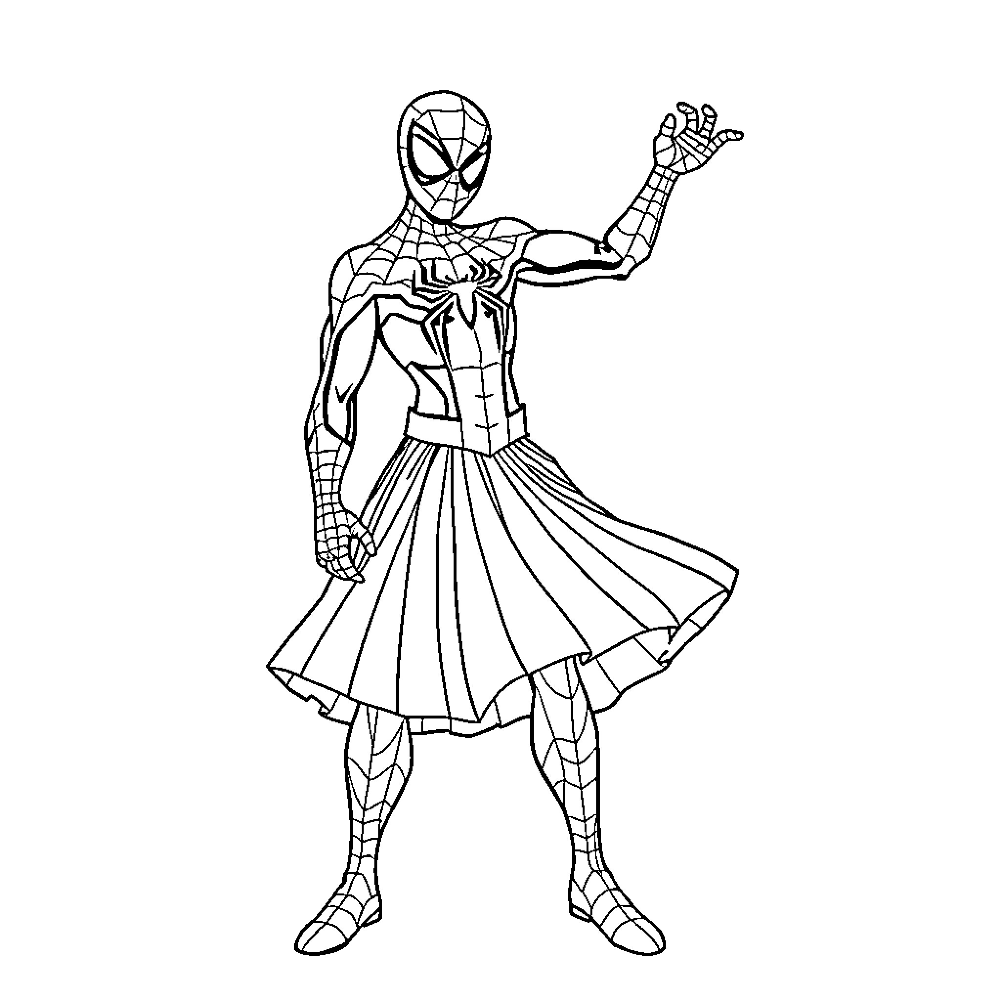 Spiderman in heroic pose with flowing cape Coloring Page (free black-and-white line drawing printable PDF for all, from beginners to advanced learners, including children, teens, adults, and seniors)