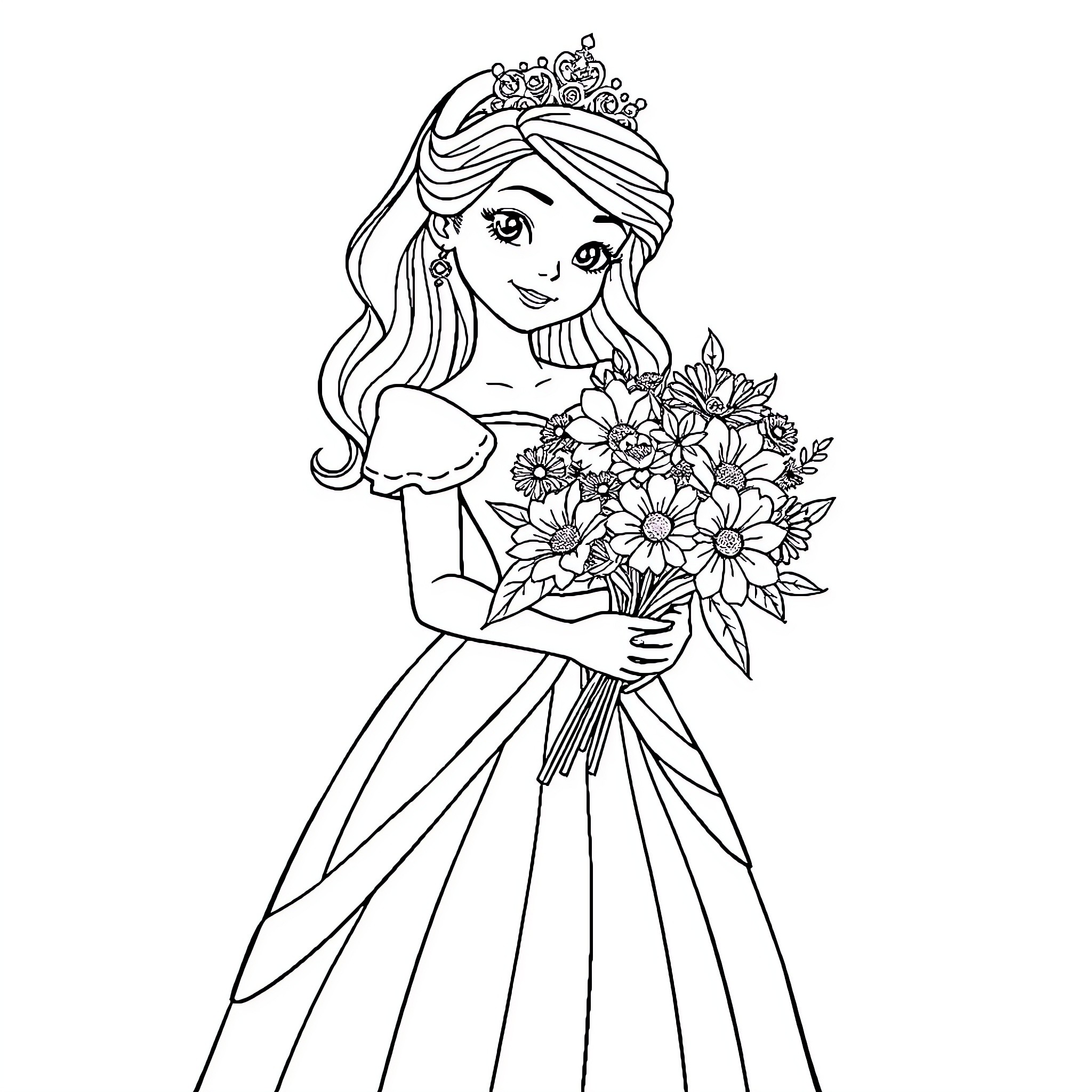 Princess Holding a Bouquet of Flowers Coloring Page (free black-and-white line drawing printable PDF for all, from beginners to advanced learners, including children, teens, adults, and seniors)