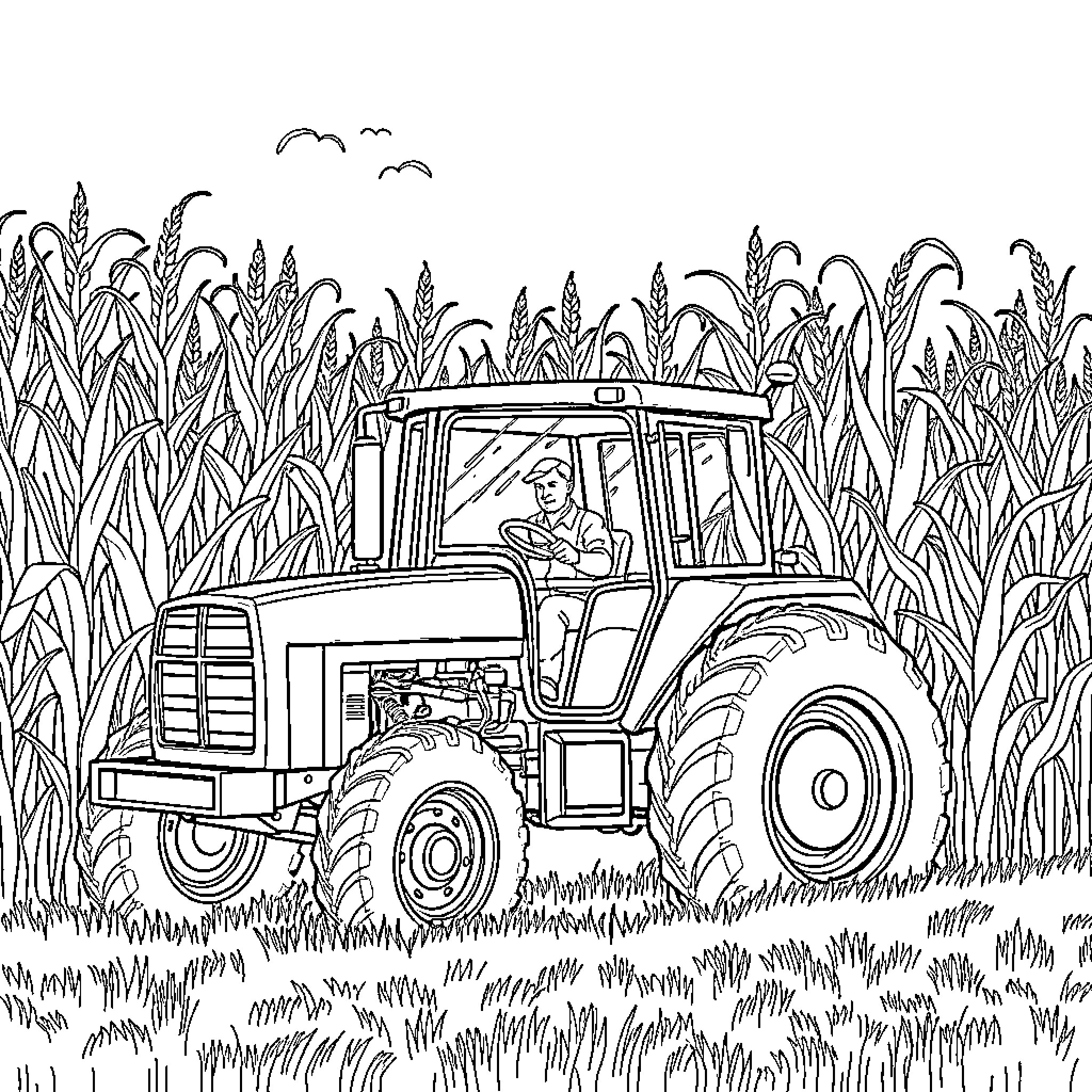 Tractor driving through a field of tall grass Coloring Page (free black-and-white line drawing printable PDF for all, from beginners to advanced learners, including children, teens, adults, and seniors)