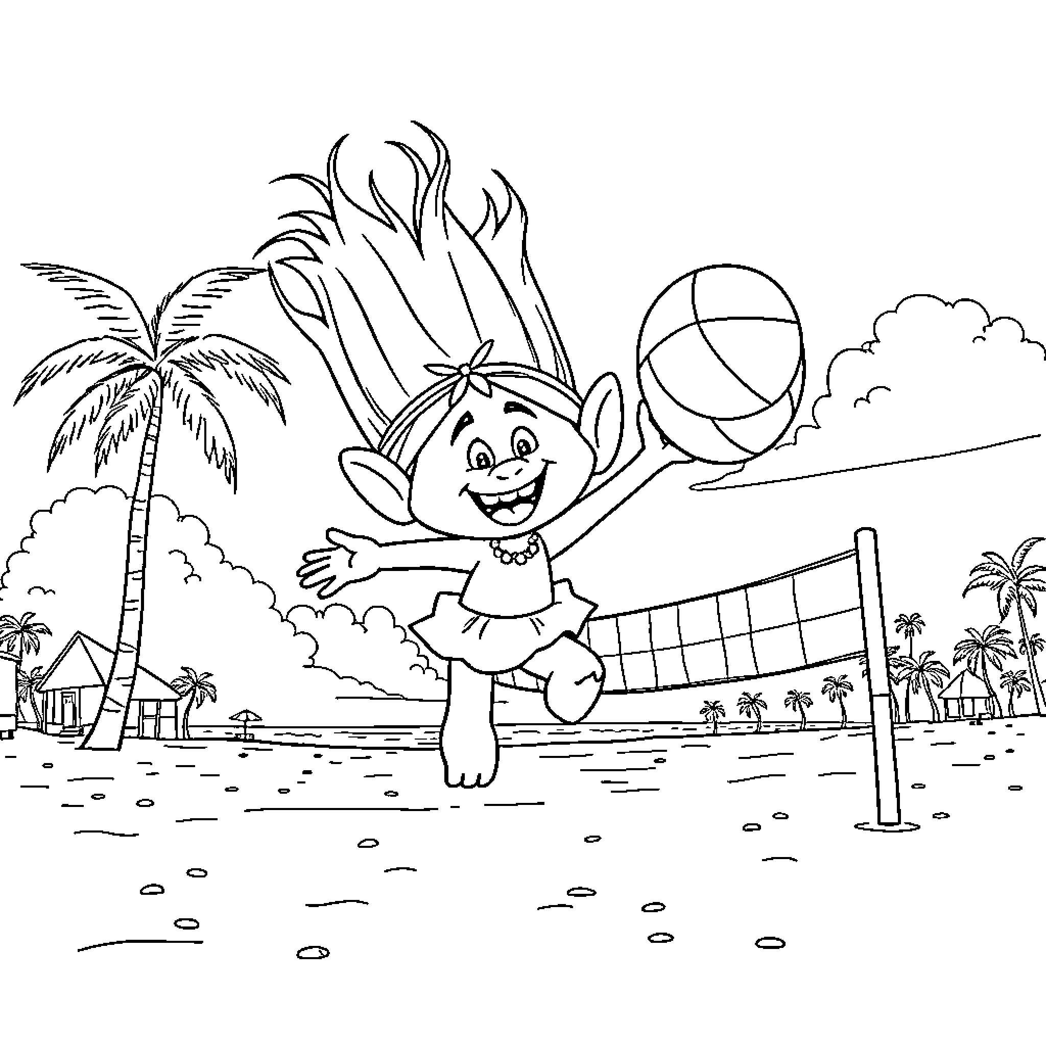 Poppy playing happily at the beach Coloring Page (free black-and-white line drawing printable PDF for all, from beginners to advanced learners, including children, teens, adults, and seniors)