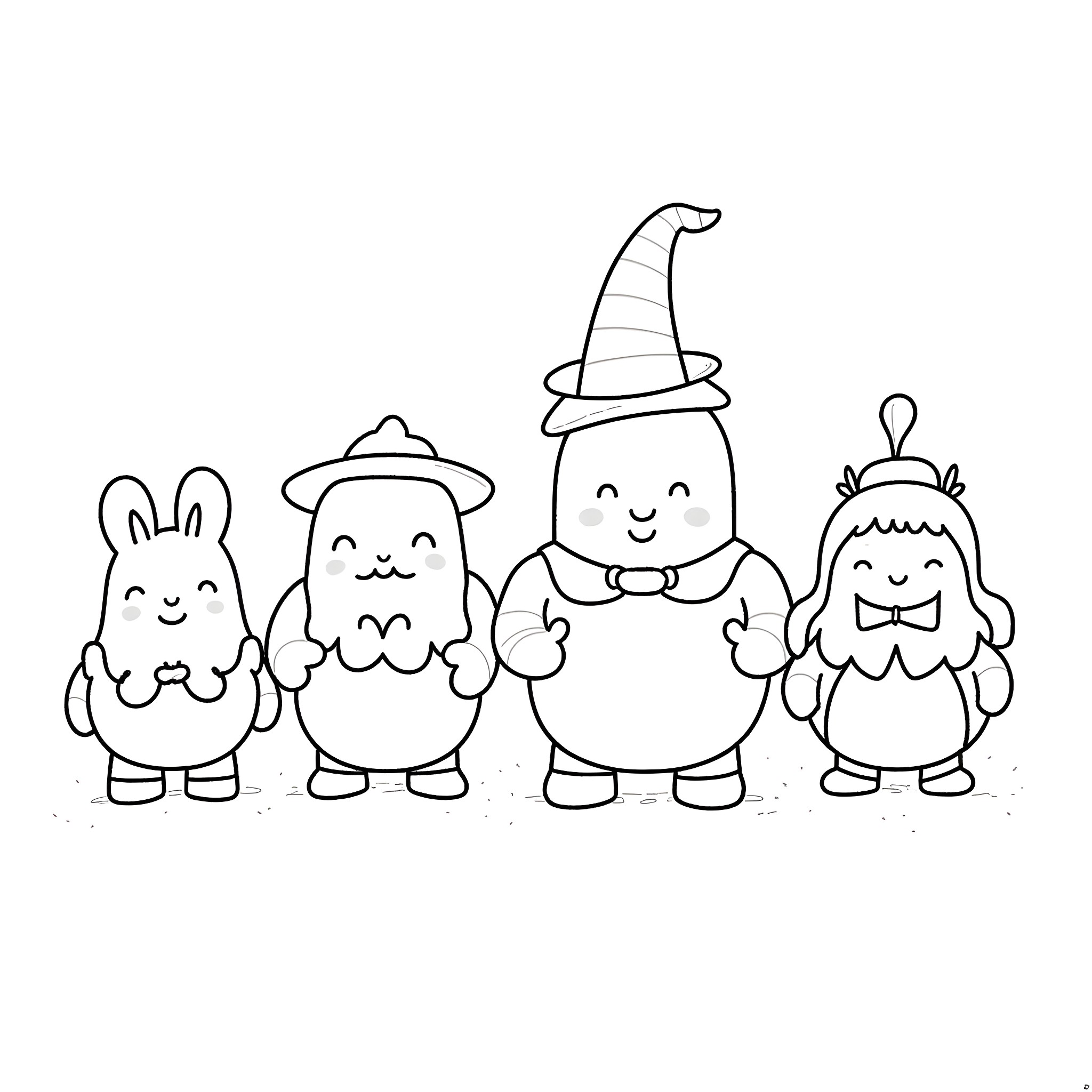 Squishmallow characters in different costumes Coloring Page (free black-and-white line drawing printable PDF for all, from beginners to advanced learners, including children, teens, adults, and seniors)