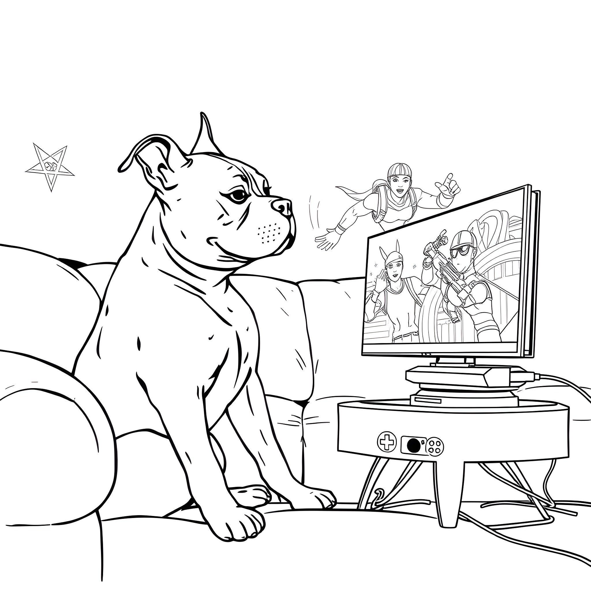 Dog watching TV with cartoon characters Coloring Page (free black-and-white line drawing printable PDF for all, from beginners to advanced learners, including children, teens, adults, and seniors)