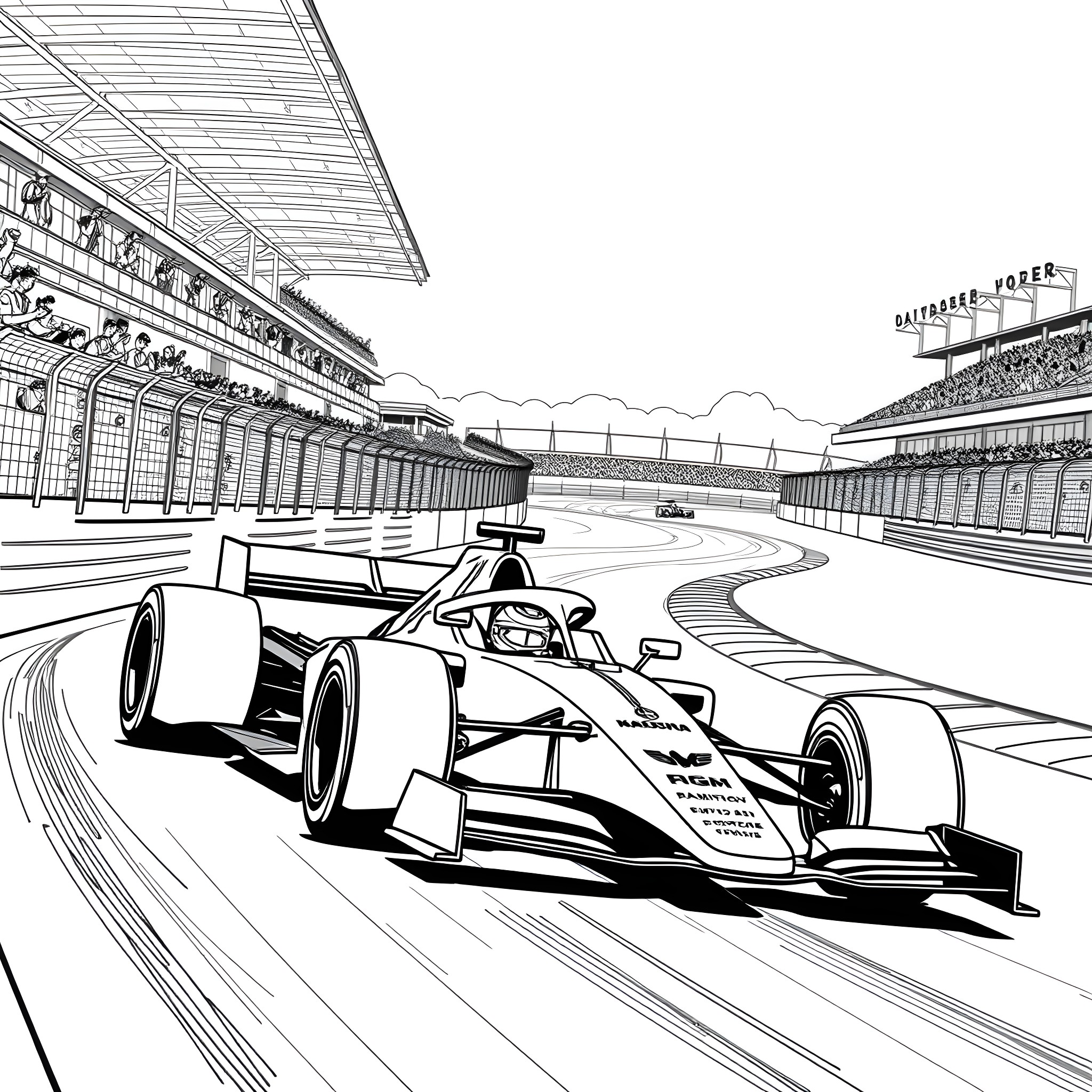 F1 Car racing on circuit with stadium seating Coloring Page (free black-and-white line drawing printable PDF for all, from beginners to advanced learners, including children, teens, adults, and seniors)