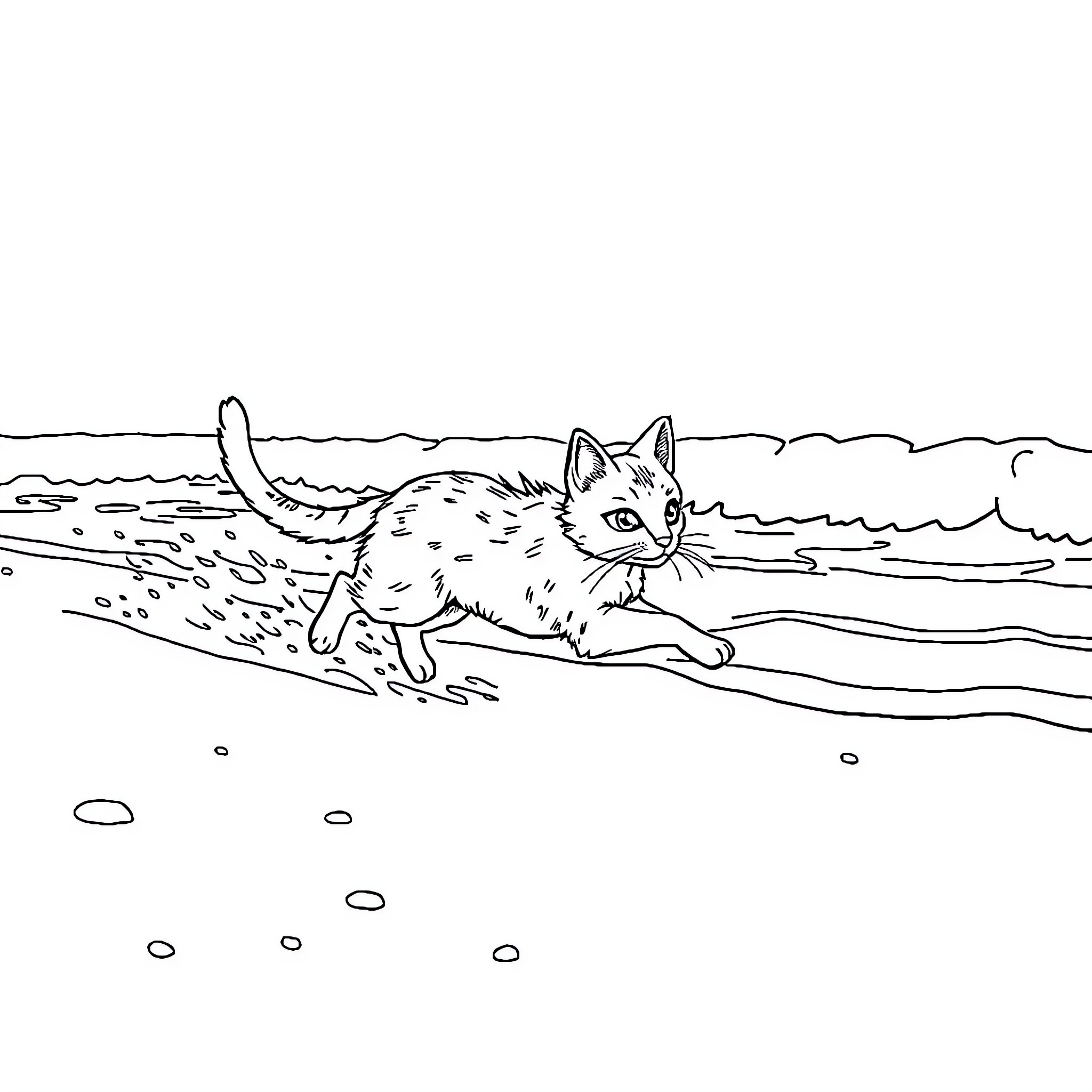 Gato exploring the beach Coloring Page (free black-and-white line drawing printable PDF for all, from beginners to advanced learners, including children, teens, adults, and seniors)