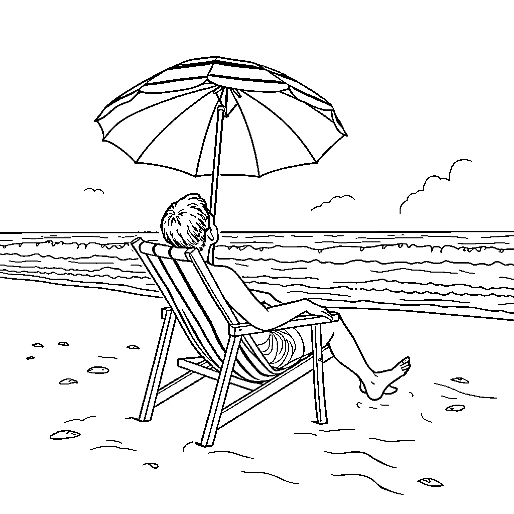 Beach scene with person relaxing in chair Coloring Page (free black-and-white line drawing printable PDF for all, from beginners to advanced learners, including children, teens, adults, and seniors)