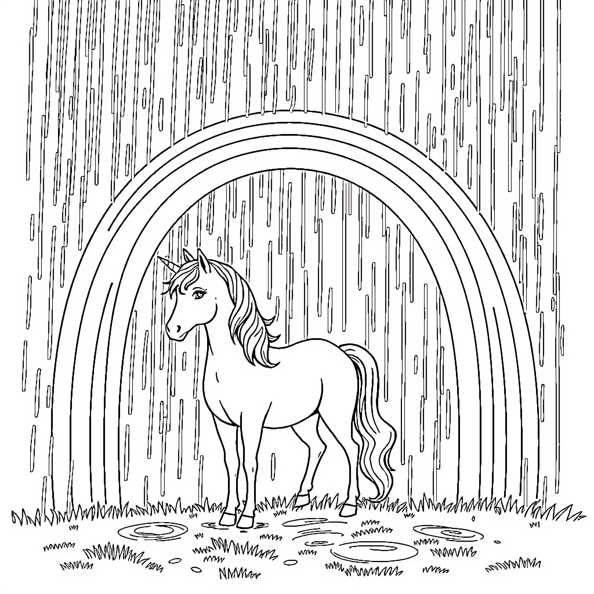 Unicorn standing under a magical rain shower Coloring Page (free black-and-white line drawing printable PDF for all, from beginners to advanced learners, including children, teens, adults, and seniors)