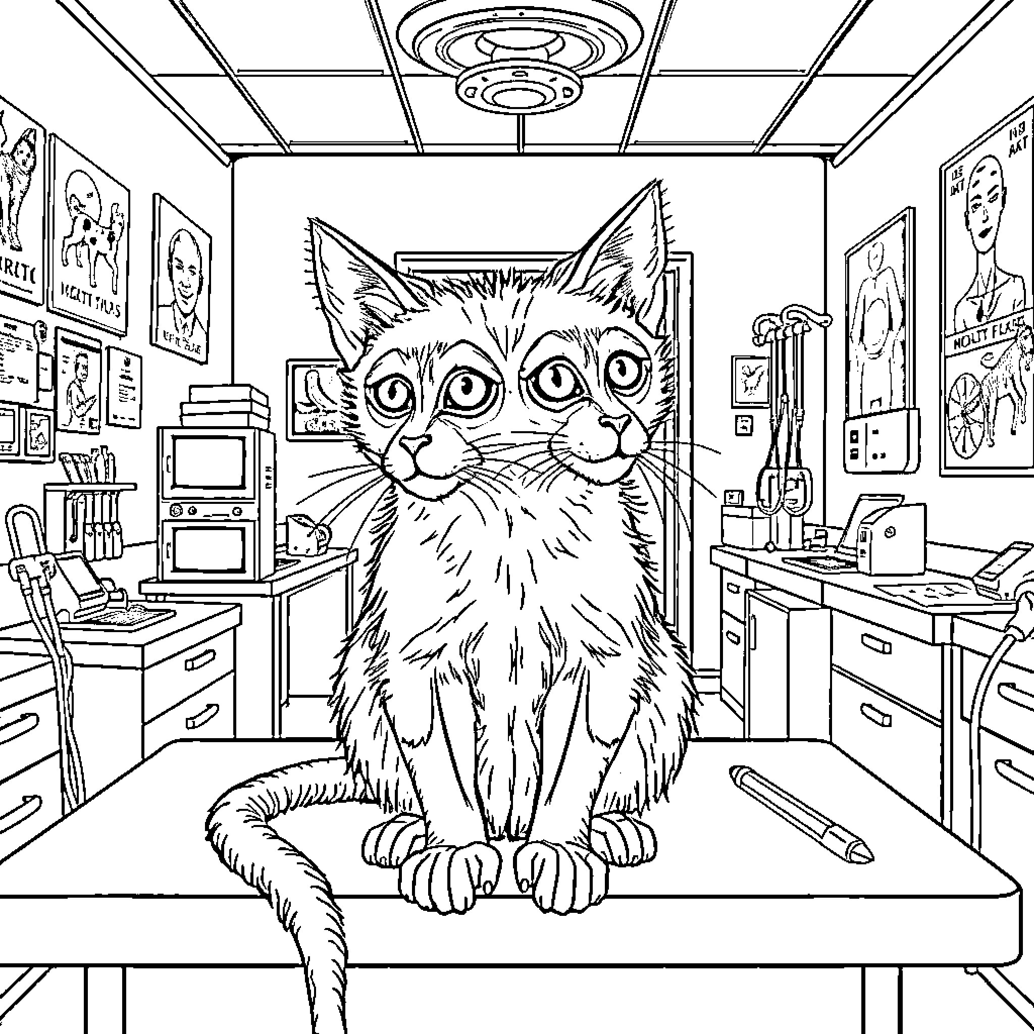 Mutant Monkey Cat exploring a cluttered office Coloring Page (free black-and-white line drawing printable PDF for all, from beginners to advanced learners, including children, teens, adults, and seniors)