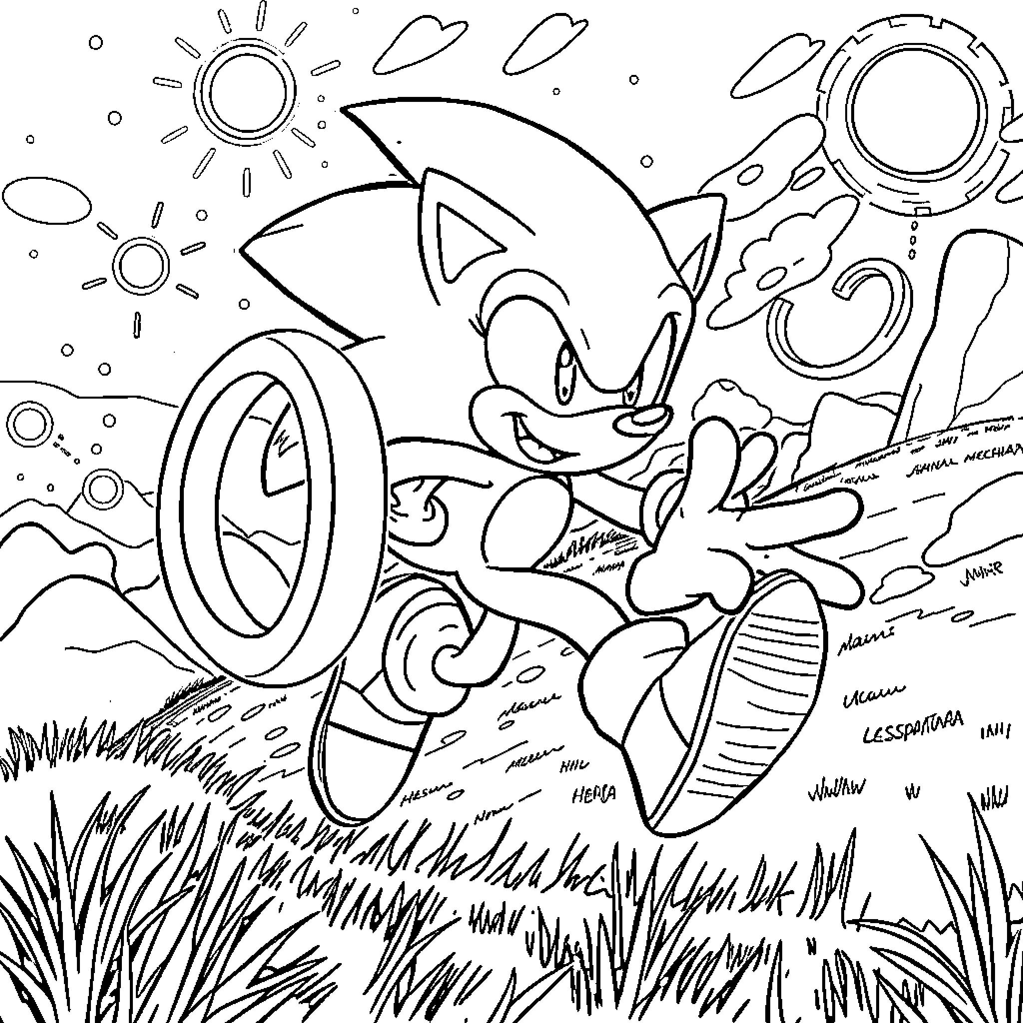 Sonic racing through a fantastical landscape Coloring Page (free black-and-white line drawing printable PDF for all, from beginners to advanced learners, including children, teens, adults, and seniors)