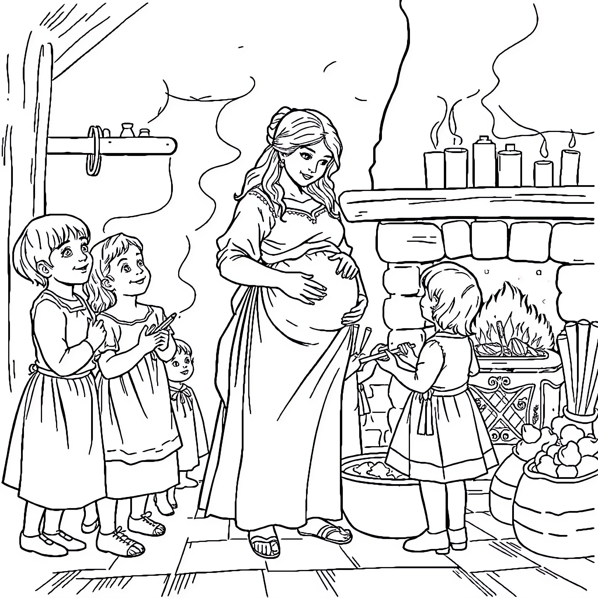 Mother tending to her children in a cozy home Coloring Page (free black-and-white line drawing printable PDF for all, from beginners to advanced learners, including children, teens, adults, and seniors)