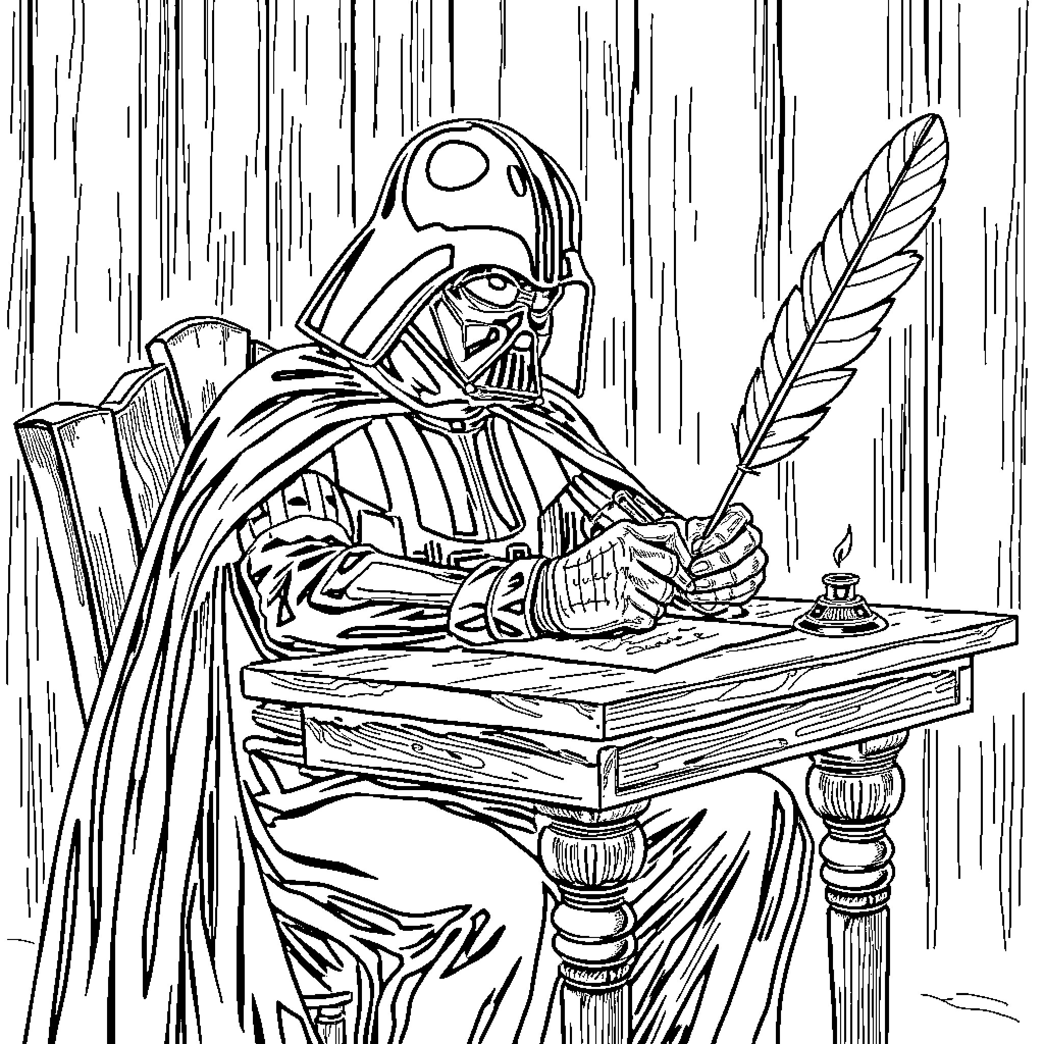 Darth Vader writing with a feather at his desk Coloring Page (free black-and-white line drawing printable PDF for all, from beginners to advanced learners, including children, teens, adults, and seniors)