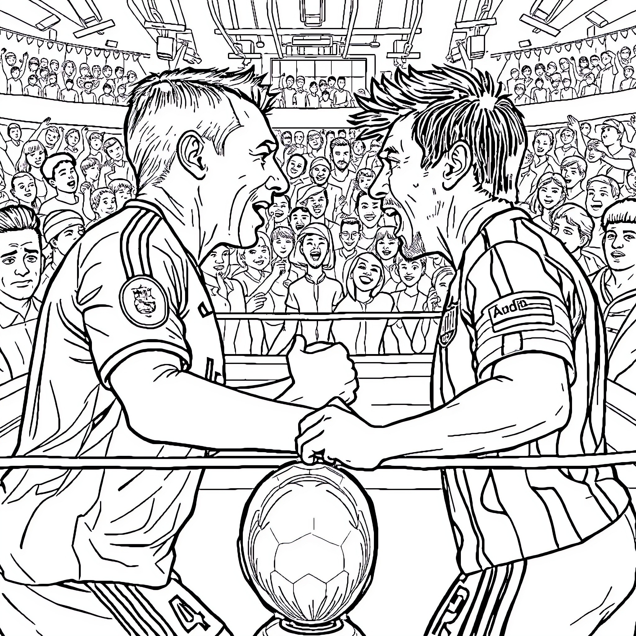 Cristiano vs Messi: Football Rivals Facing Off in Stadium Coloring Page (free black-and-white line drawing printable PDF for all, from beginners to advanced learners, including children, teens, adults, and seniors)