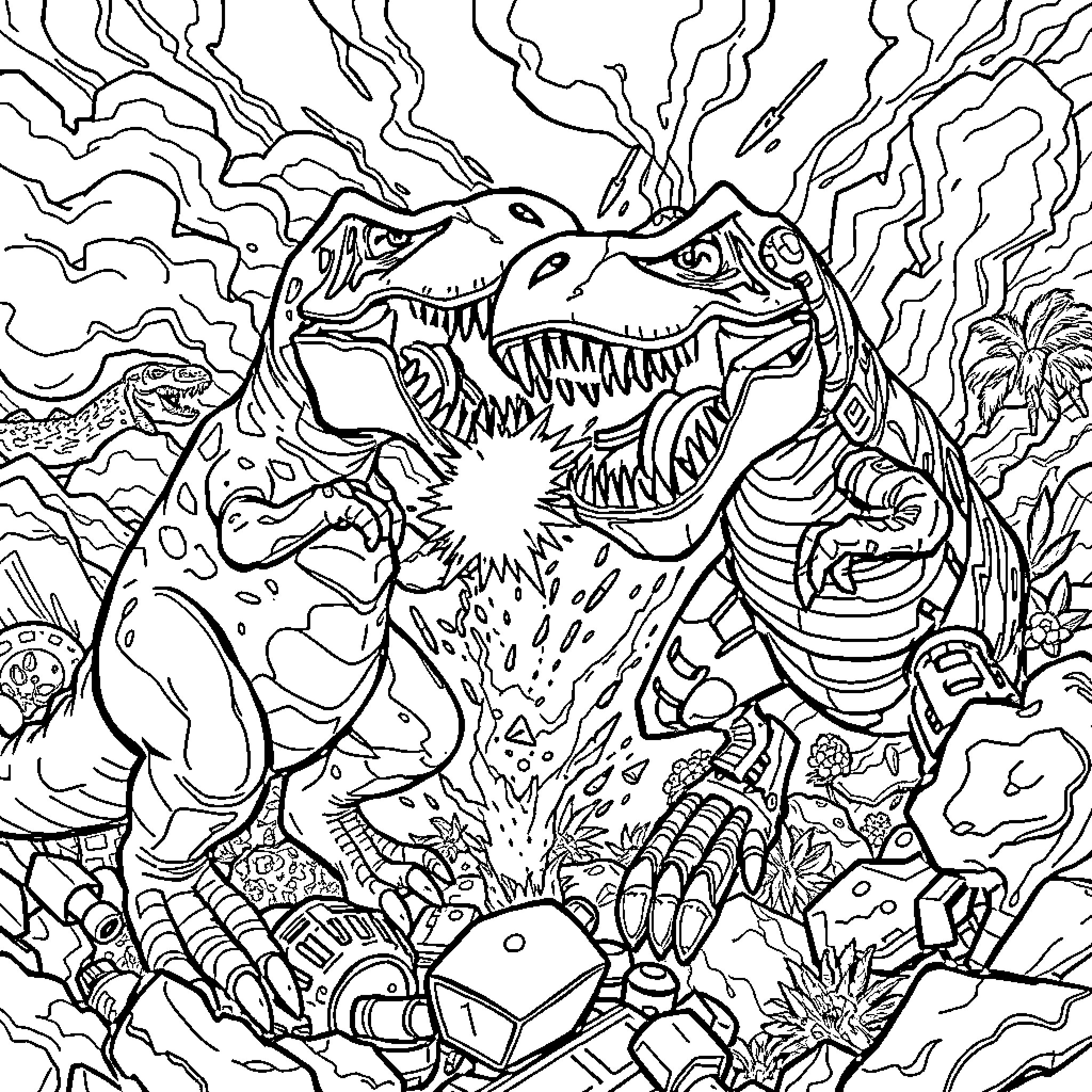 D-rex's Prehistoric Adventure Coloring Page (free black-and-white line drawing printable PDF for all, from beginners to advanced learners, including children, teens, adults, and seniors)