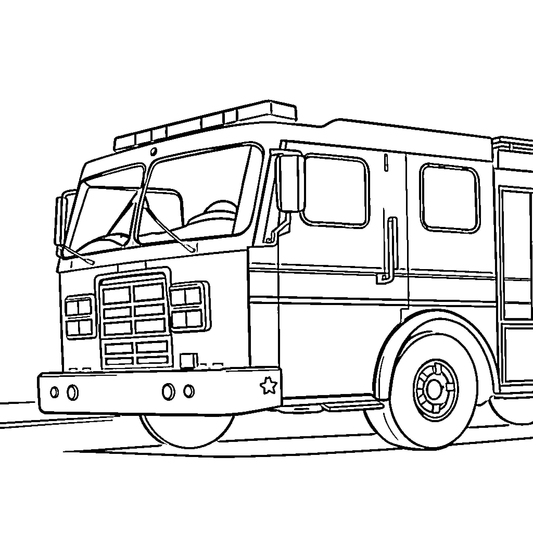 Fire Truck on the Move Coloring Page (free black-and-white line drawing printable PDF for all, from beginners to advanced learners, including children, teens, adults, and seniors)