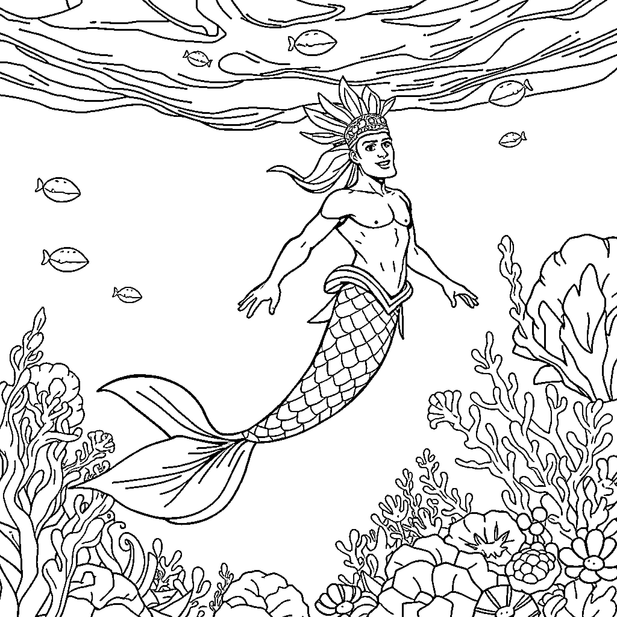 Mermaid swimming through a vibrant underwater scene Coloring Page (free black-and-white line drawing printable PDF for all, from beginners to advanced learners, including children, teens, adults, and seniors)