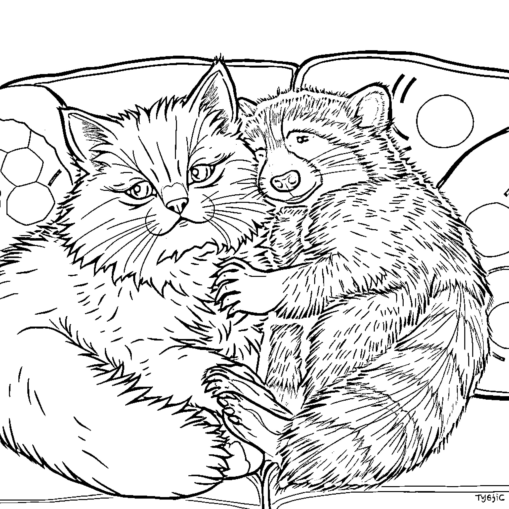 Cats Huddling Together in Cozy Surroundings Coloring Page (free black-and-white line drawing printable PDF for all, from beginners to advanced learners, including children, teens, adults, and seniors)