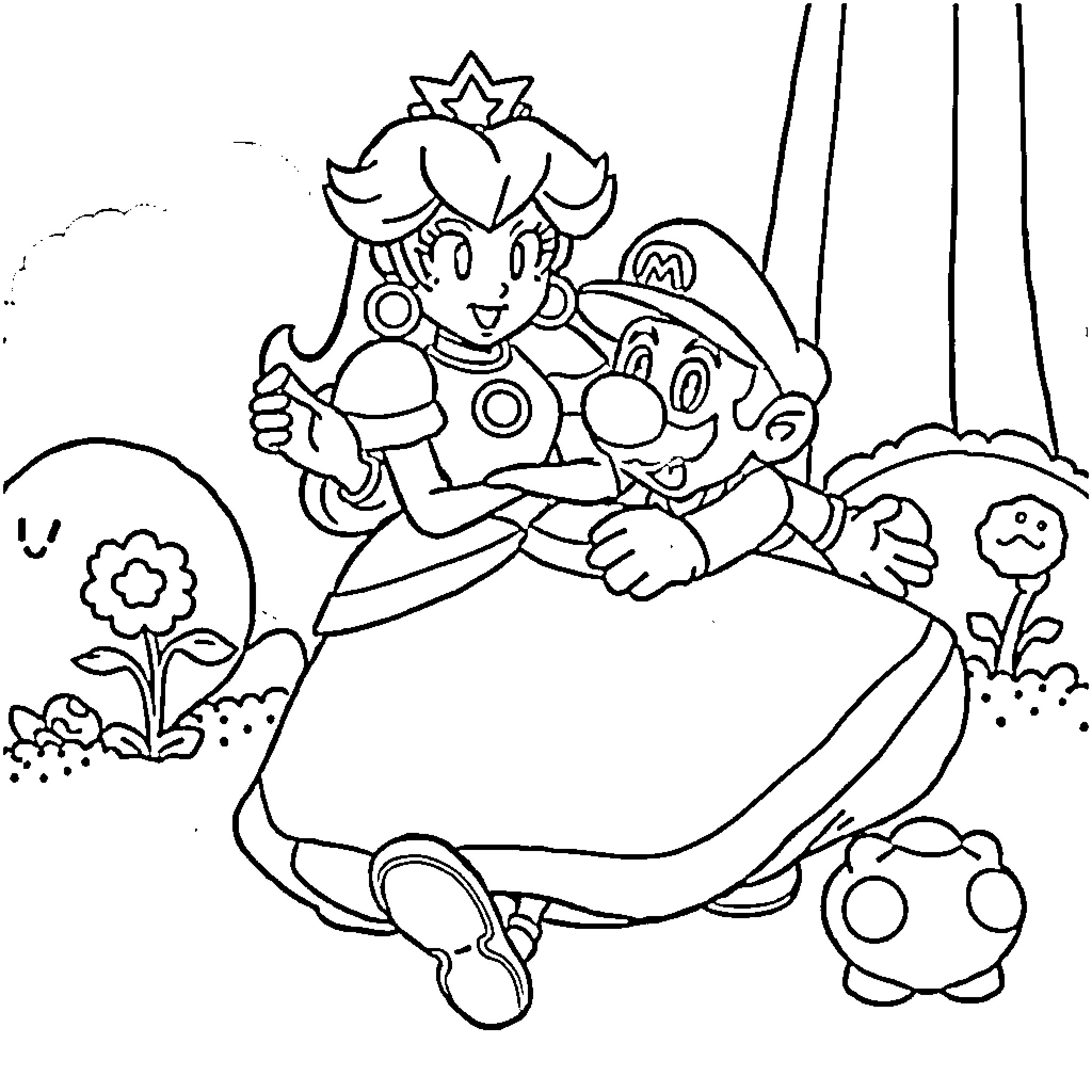 Princess and plumber exploring the garden Coloring Page (free black-and-white line drawing printable PDF for all, from beginners to advanced learners, including children, teens, adults, and seniors)